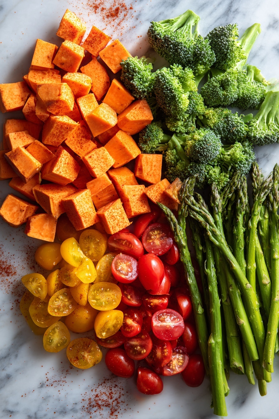 Flat lay of vibrant orange sweet potato cubes, bright green broccoli florets, fresh green asparagus spears cut into pieces, and colorful halved cherry tomatoes in red, yellow, and orange hues, all scattered gracefully with a few sprinkles of smoked paprika and granulated garlic powder visible on the vegetables, placed on a white marble surface, photo taken with an iphone --ar 2:3 --v 7 - Sheet Pan Roasted Vegetables, roasted vegetables recipe, easy vegetable side dish, healthy roasted vegetables, one-pan veggie roast