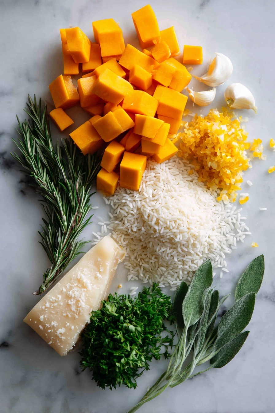 Flat lay of vibrant cubed butternut squash, finely chopped yellow onion, fresh garlic cloves, delicate sprigs of rosemary, uncooked Arborio rice grains, a small bunch of bright green parsley leaves, and a pile of grated pale pecorino cheese, arranged beautifully with a few glossy sage leaves scattered around, placed on a white marble surface, photo taken with an iphone --ar 2:3 --v 7 - Butternut Squash Risotto, creamy butternut squash risotto, easy vegetarian risotto, comforting fall dinner, homemade risotto with butternut squash