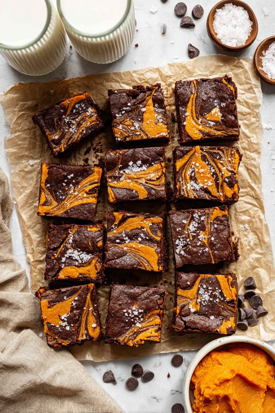 A collection of 18 square brownies sliced evenly and laid out in a grid on crumpled parchment paper over a white marbled surface. Each brownie has two visible layers: a thick dark brown chocolate base with a slightly crinkled texture and swirled orange pumpkin layers on top, creating a marbled effect. Specks of flaky white salt are sprinkled across the tops of the brownies, adding texture and contrast. Around the brownies are scattered dark chocolate chips for decoration. Near the bottom right is a small white bowl filled with bright orange pumpkin puree. Two tall glasses of milk with ridged texture stand on the top left and right sides, and a small white bowl containing coarse salt sits at the upper right corner. A beige linen napkin is partially folded on the left edge. Photo taken with an iphone --ar 2:3 --v 7 - Pumpkin Cream Cheese Swirl Brownies, fall dessert recipes, pumpkin brownies with cream cheese, pumpkin spice brownies, easy pumpkin dessert