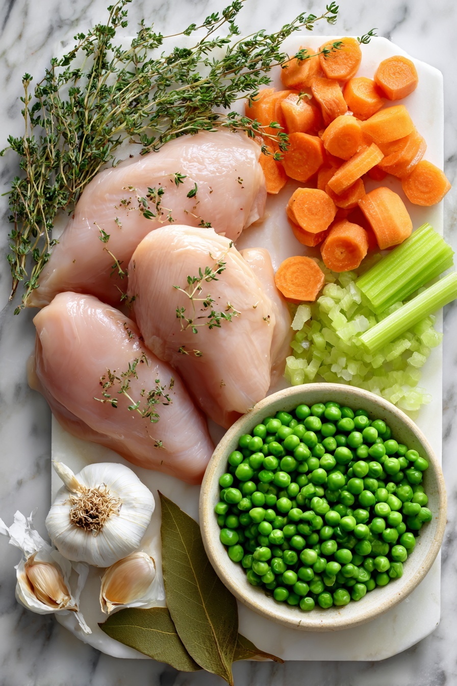 Flat lay of boneless skinless chicken breasts, chopped onion, bright orange peeled and chopped carrots, fresh celery stalks, vibrant green peas, sprigs of fresh thyme, whole garlic cloves, dried oregano sprinkled artistically, and a single bay leaf, all beautifully arranged on a clean white marble surface, photo taken with an iphone --ar 2:3 --v 7 - Chicken and Dumplings Variations in the Slow Cooker, easy slow cooker chicken and dumplings, comforting slow cooker recipes, customizable chicken and dumplings, home-cooked slow cooker dinners