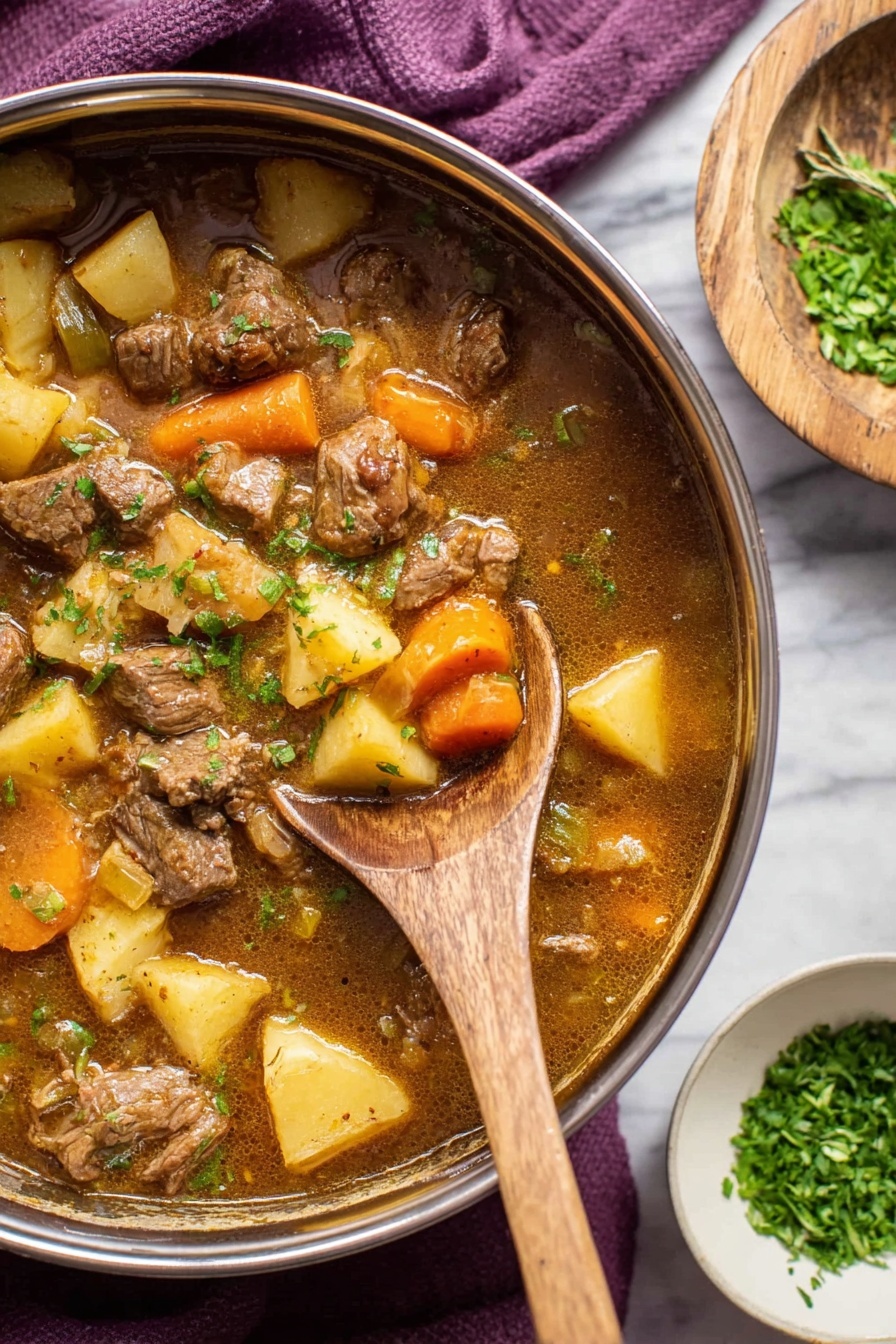 A close-up view of a large pot filled with beef stew, showing three main layers: the top layer is made of light brown chunks of beef, orange baby carrots, and pale yellow potato pieces scattered evenly; the middle layer is a rich brown broth with visible herbs; the bottom layer is thick and slightly glossy with a smooth texture. A wooden spoon lifts a mix of beef, potatoes, carrots, and green herbs from the pot. To the right of the pot, a small white bowl holds chopped green herbs, and the background surface is white marbled with a purple cloth partially visible. Photo taken with an iphone --ar 2:3 --v 7 - Easy Beef Stew, comforting beef stew, hearty beef stew, simple beef stew recipe, beginner beef stew