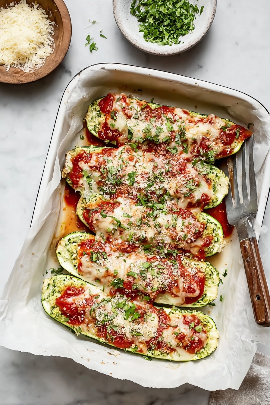 The dish shows a white baking pan lined with parchment paper holding five zucchini halves arranged side by side. Each zucchini half is filled with a green mixture at the bottom layer, topped with bright red tomato sauce scattered unevenly. The top layer is a thick, melted layer of white cheese covering the zucchini and sauce. Small bits of chopped green herbs and grated white cheese are sprinkled over the melted cheese, adding specks of color. The pan is placed on a white marbled surface, with a small white plate of chopped fresh herbs partially visible at the top left corner. Photo taken with an iphone --ar 2:3 --v 7 - Lasagna Stuffed Zucchini Boats, zucchini lasagna boats, healthy zucchini recipes, low-carb zucchini recipes, stuffed zucchini boats