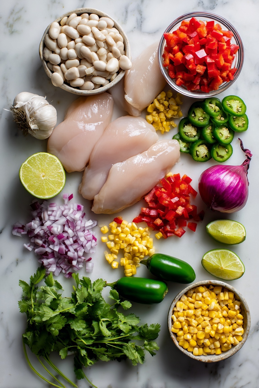 Flat lay of fresh boneless skinless chicken breasts, plump white beans drained and rinsed, bright red diced bell pepper, vibrant green jalapeño slices, whole garlic cloves, a halved fresh lime with juice visible, golden sweet corn kernels, a small chopped yellow onion, and fresh cilantro sprigs, all beautifully arranged with natural light highlighting their colors and textures, placed on a white marble surface, photo taken with an iphone --ar 2:3 --v 7 - White Bean Chicken Chili, comforting chicken chili, easy white bean chili, hearty chicken and white bean stew, flavorful chili recipe