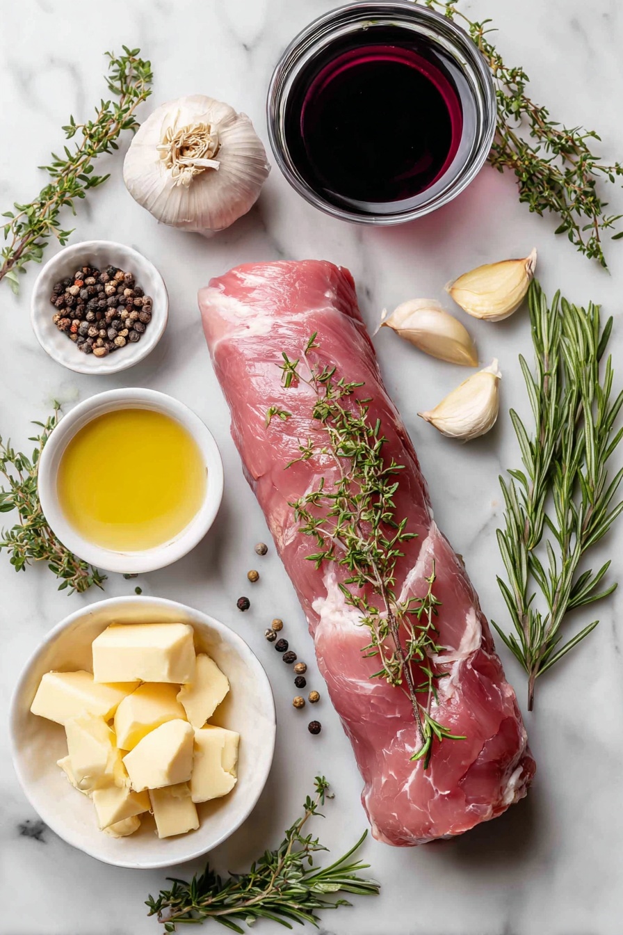 Flat lay of a raw pork tenderloin surrounded by fresh rosemary sprigs, thyme stems, whole black peppercorns, peeled garlic cloves, a finely chopped shallot, a small pool of deep red port wine, and chunks of cold butter, all beautifully arranged on a white marble surface, photo taken with an iphone --ar 2:3 --v 7 - Herb Crusted Pork Roast with Port Wine Sauce, pork roast with herbs and port wine, elegant pork loin recipe, flavorful roasted pork with wine sauce, easy gourmet pork dish