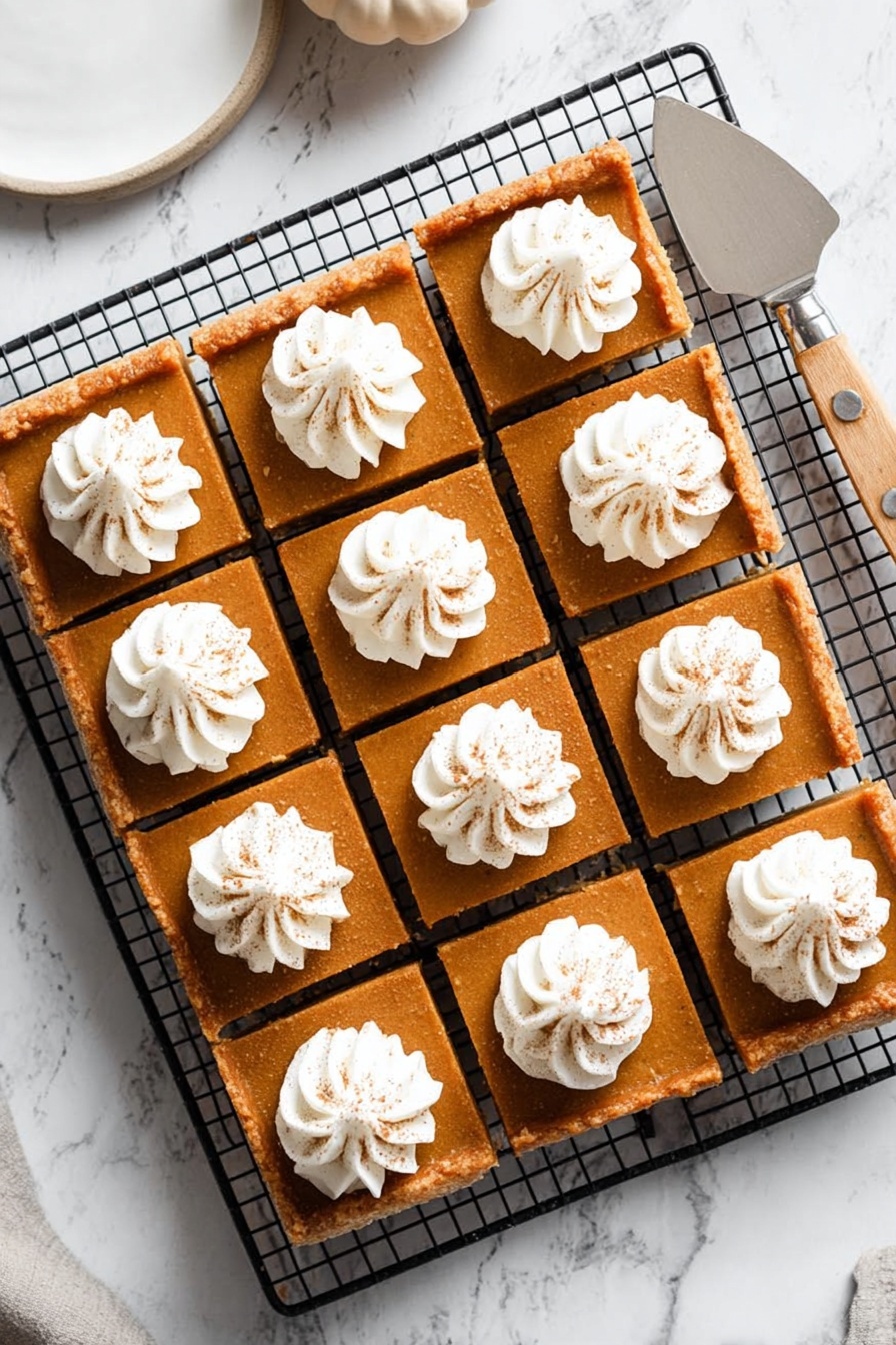 The image shows square pumpkin dessert bars arranged neatly on a white marbled surface, each bar having two layers with a smooth orange-brown pumpkin layer on top and a lighter tan cake layer beneath. On the top center of each square is a swirl of white whipped cream, accented with a light sprinkle of cinnamon powder. The bars are evenly spaced and the texture of the pumpkin layer appears soft and creamy, while the bottom layer looks fluffy. photo taken with an iphone --ar 2:3 --v 7 - Pumpkin Pie Bars, pumpkin dessert bars, easy pumpkin bars, fall dessert recipes, pumpkin shortbread bars