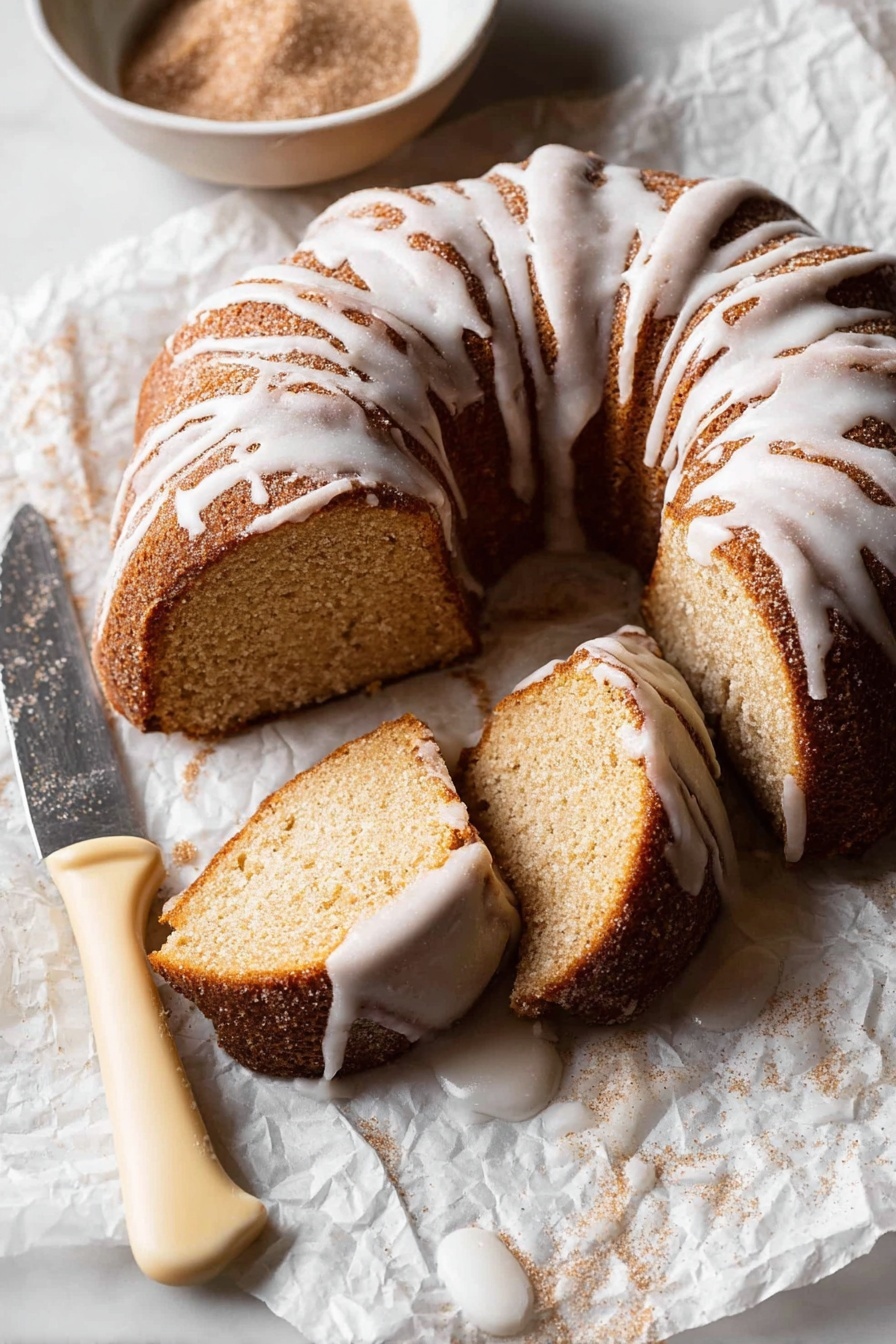 The image shows a round, golden-brown bundt cake with six thick ridged sections, covered with white icing that drips unevenly down the sides and edges. The cake is lightly dusted with powdered sugar, adding texture to the crust. It sits on white parchment paper over a white marbled surface. Next to the cake on the right is a white bowl filled with powdered sugar, and a knife with a white handle lies beside the bowl. Above the cake on the left is a small white pitcher, standing on the same white marbled surface. photo taken with an iphone --ar 2:3 --v 7 - Apple Cider Bundt Cake, Apple Cider Cake with Cinnamon Sugar Topping and Apple Cider Glaze, Fall Apple Cake, Cinnamon Sugar Bundt Cake, Autumn Dessert