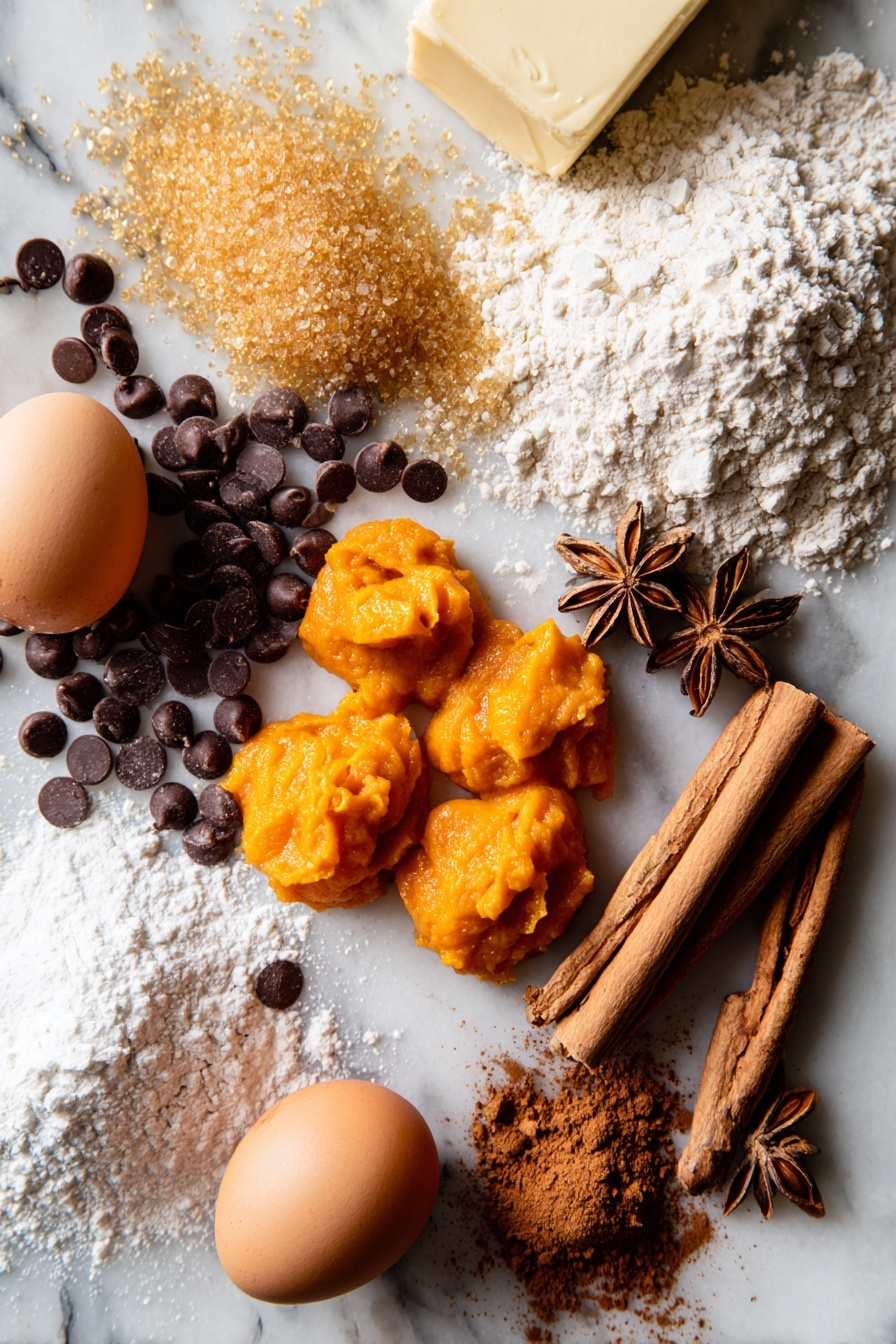 Flat lay of bright orange pumpkin puree dollops, glossy semi-sweet chocolate chips scattered around, a smooth stick of unsalted butter, warm brown sugar in a small mound, golden granulated sugar crystals catching the light, a cracked egg yolk resting in its shell half, a neat pile of pale all-purpose flour, and a selection of warm spices including cinnamon sticks, star anise, and ground ginger dusts arranged artistically, all placed on a white marble surface, photo taken with an iphone --ar 2:3 --v 7 - Pumpkin Chocolate Chip Bars, Pumpkin Bars with Chocolate Chips, Fall Pumpkin Bars, Easy Pumpkin Dessert, Pumpkin Cookie Bars