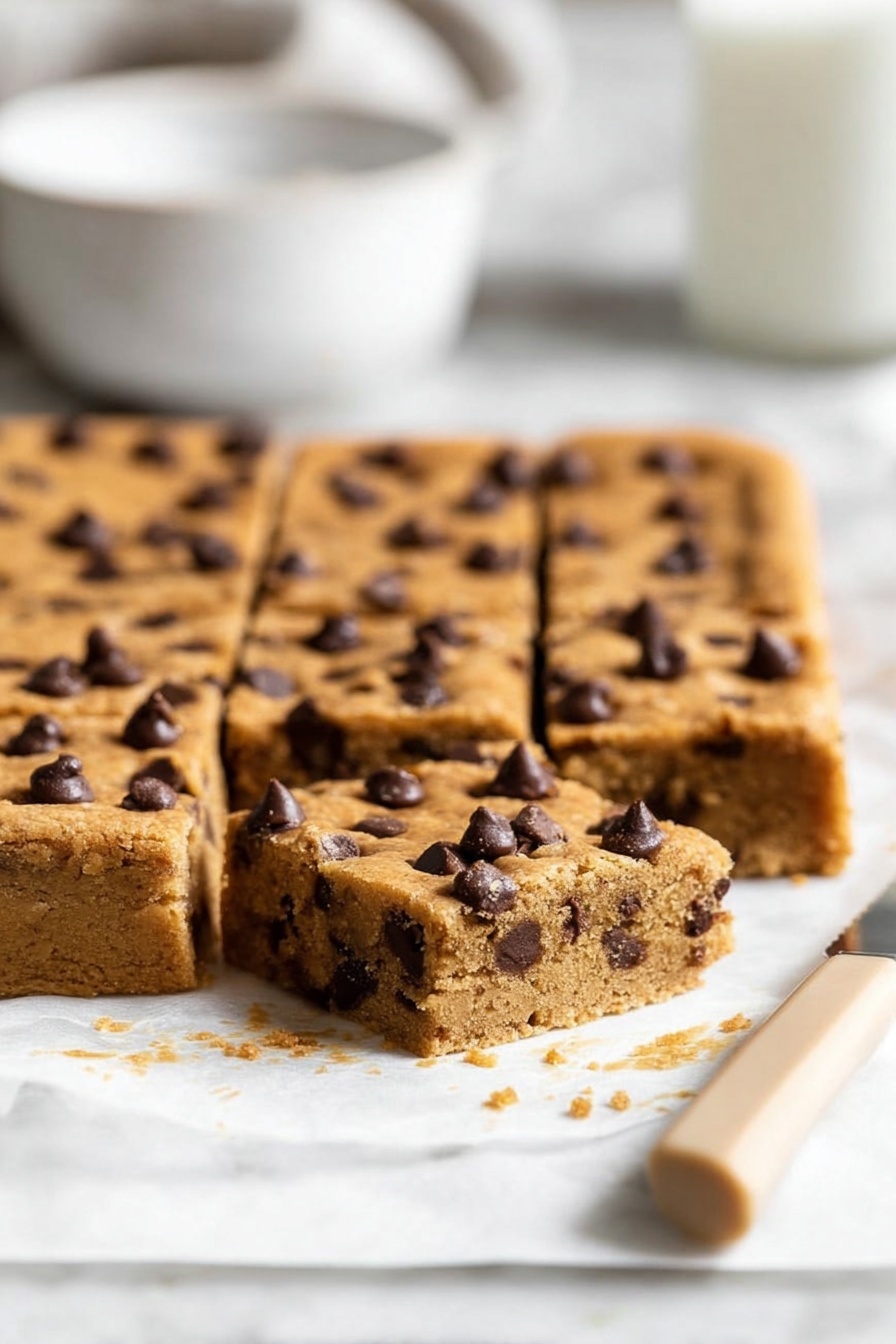 The image shows a close-up of a square pan of thick, golden-brown cookie bars with a soft texture, each piece cut into even squares. The top layer is dotted with dark chocolate chips that are scattered evenly, some appearing shiny and slightly melted. The inside of the bars reveals chocolate chips embedded throughout the dough, adding a speckled dark contrast against the warm brown base. The bars rest on white parchment paper with some crumbs around the edges. In the background, there is a white bowl with a blurred white marbled surface under it, and a beige-handled knife is partially visible on the right edge. Photo taken with an iphone --ar 2:3 --v 7 - Pumpkin Chocolate Chip Bars, Pumpkin Bars with Chocolate Chips, Fall Pumpkin Bars, Easy Pumpkin Dessert, Pumpkin Cookie Bars