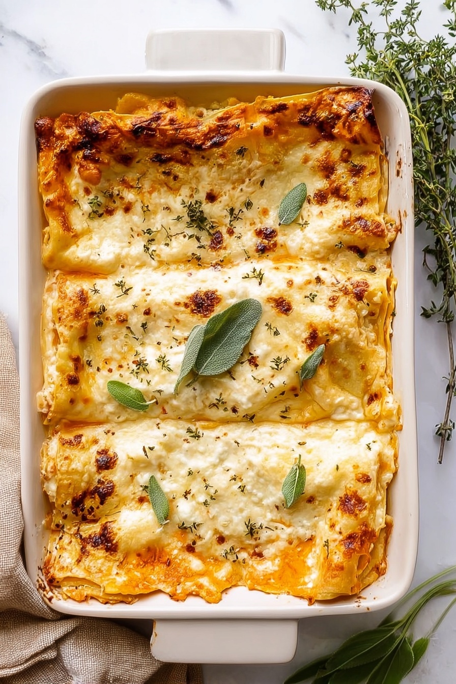 A square piece of lasagna sits on a white plate with a thin blue rim, placed on a white marbled surface. The lasagna has about four visible layers: the top layer is a light golden cheese with small bits of herbs scattered on it and a fresh green leaf on top; beneath it are layers of creamy white sauce and pasta sheets, with chunks of soft orange squash or pumpkin visible in the middle layers. The edges of the lasagna are slightly browned, and the texture looks rich and smooth. Part of a white baking dish with more lasagna is seen blurred in the background. photo taken with an iphone --ar 2:3 --v 7 - Butternut Squash and Sage Lasagna, vegetarian fall lasagna, cozy squash lasagna recipe, creamy sage vegetable lasagna, hearty vegetarian lasagna