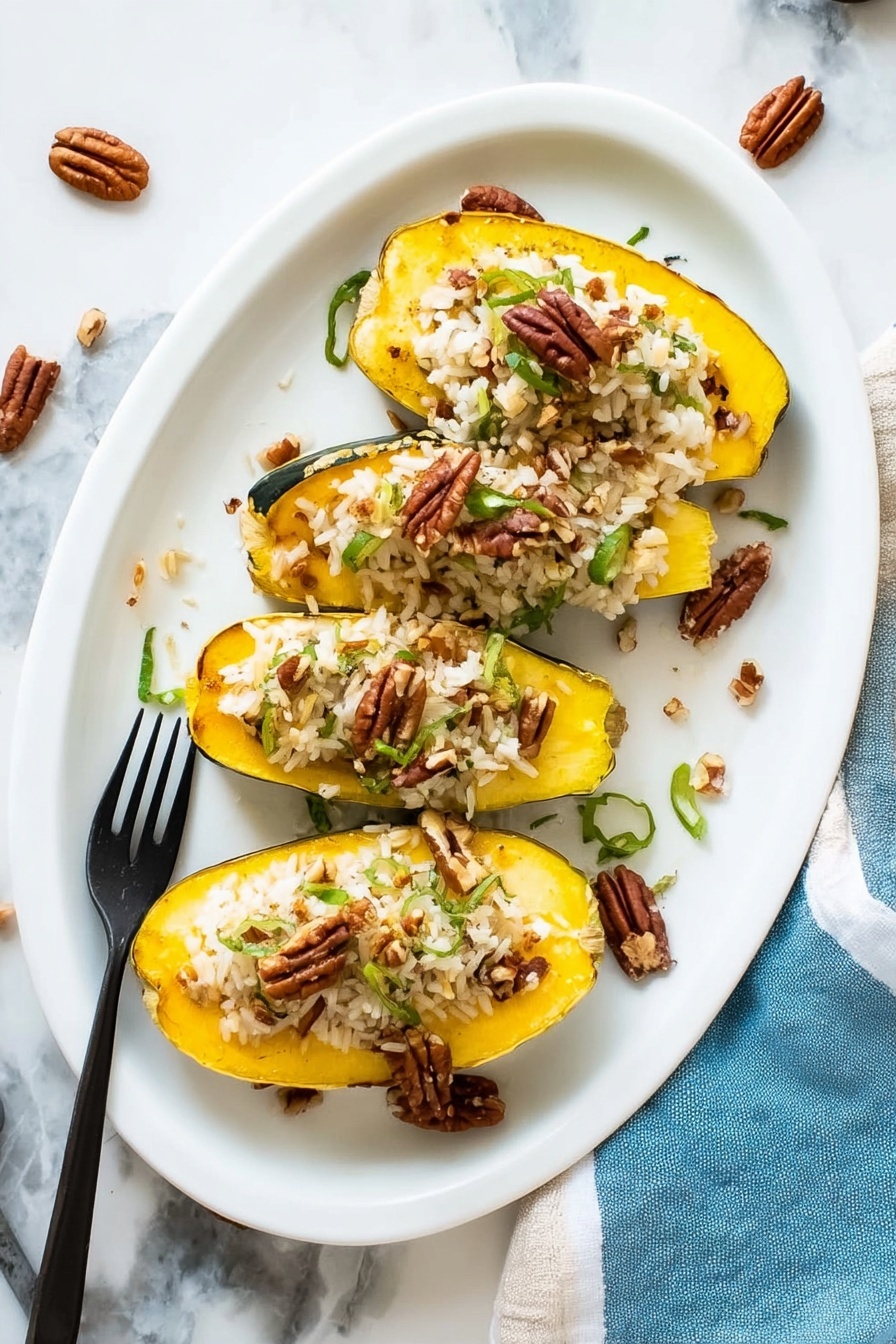 The image shows three slices of bright yellow acorn squash arranged in a row on a white plate. Each squash slice is filled with a cooked rice mix that is light brown in color with bits of green vegetables and scattered dark brown pecans on top and around the plate. The plate sits on a white marbled surface, accompanied by a blue and white cloth napkin and green leaves nearby. photo taken with an iphone --ar 2:3 --v 7 - Stuffed Acorn Squash with Sage, Pecans, and Herb Rice, stuffed acorn squash, fall squash recipes, healthy stuffed squash, vegetarian fall dinner, autumn squash dishes