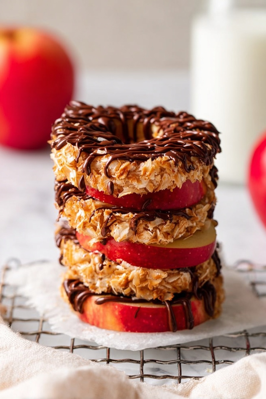 A stack of four round apple slices lies on a white marbled surface, each slice topped with a golden shredded coconut layer that adds a rough texture. The coconut layers look sticky and are drizzled with smooth, dark chocolate sauce in thin lines, mainly over the top apple slice. The apple slices show red skin with hints of yellow and have a slightly shiny appearance. The stack is on a silver cooling rack. In the background to the left, there is a red apple, and to the right is a blurred glass bottle with white liquid. A soft white cloth is partially visible under the rack on the left side. photo taken with an iphone --ar 2:3 --v 7 - Apple Samoas, Apple Samoas dessert, Healthy apple snack, Coconut almond apple bites, Easy fruit dessert