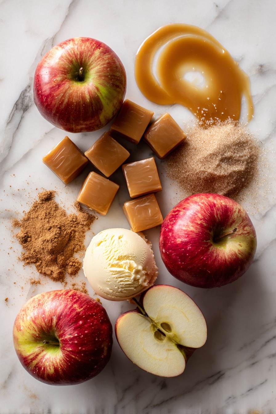 Flat lay of four firm, crisp Honeycrisp apples, eight chewy caramel squares slightly unwrapped, a small pile of packed brown sugar, granulated sugar scattered gently, a sprinkle of ground cinnamon forming a soft mound, melted golden butter pooling artfully, a scoop of creamy vanilla ice cream with a smooth texture, and a small drizzle of rich caramel sauce creating a glossy swirl—all beautifully arranged on a white marble surface, photo taken with an iphone --ar 2:3 --v 7 - Caramel-Stuffed Bloomin’ Apples, baked caramel apple dessert, caramel-filled apple recipe, elegant apple dessert, cozy baked apple treat