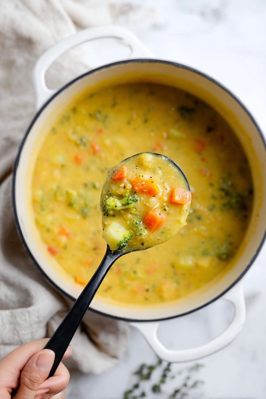 A close-up shot of a large white pot with two handles filled with thick yellow soup mixed with visible small chunks of orange carrots, green broccoli pieces, and white potato cubes. A black spoon is held by a woman's hand, lifting a spoonful of the soup in front of the pot, showing the creamy texture and colorful vegetable bits. The background surface is a white marbled texture with a light-colored cloth on the left side. photo taken with an iphone --ar 2:3 --v 7 - Broccoli Potato Cheese Soup, Broccoli Potato Cheese Soup Recipe, Creamy vegetable soup, Cheesy broccoli soup, Easy comfort food recipes