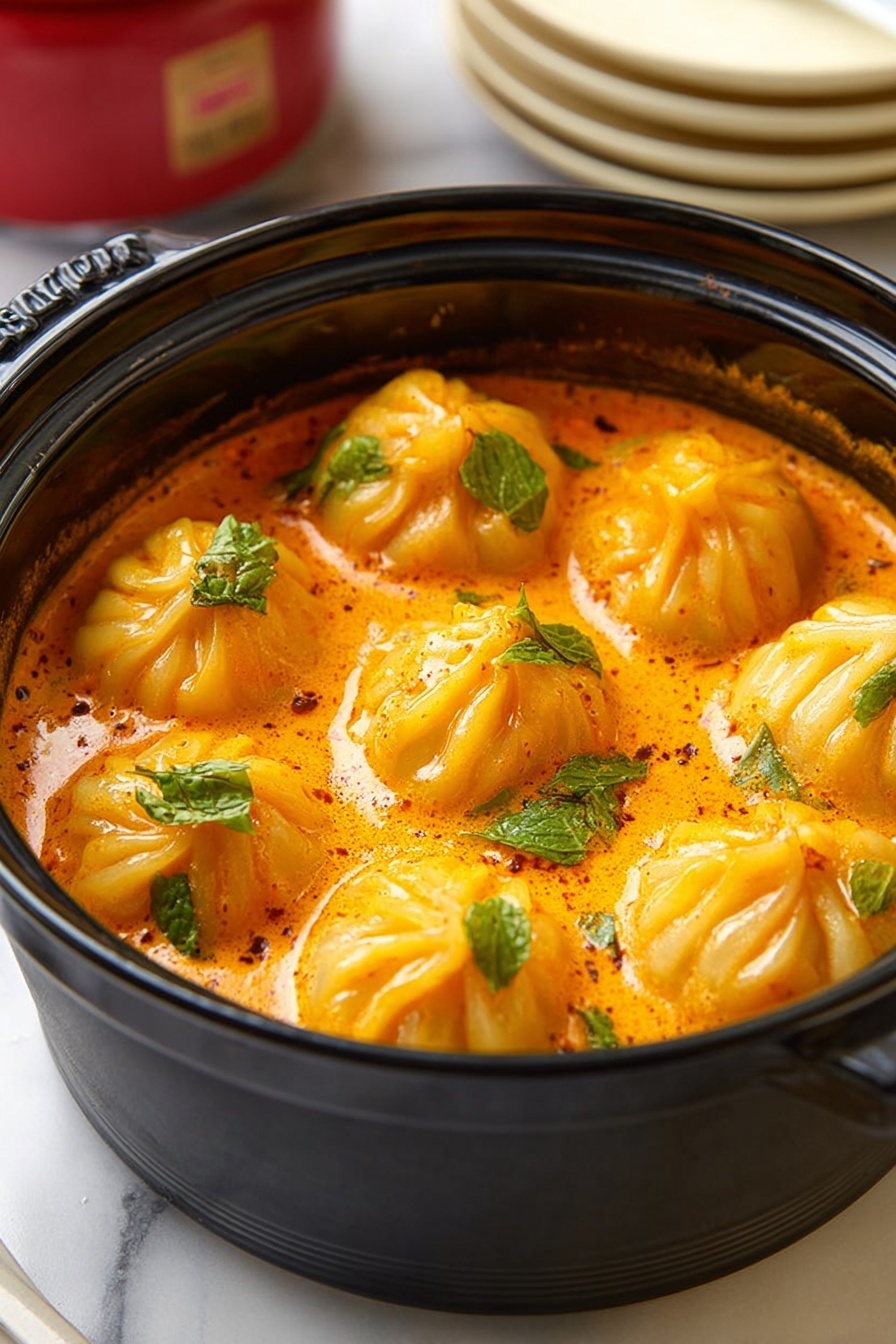 The image shows a close-up of a white spoon lifting one round, orange dumpling from a black pot filled with several similar dumplings in bright orange sauce. Each dumpling has a pleated top and a shiny texture, with visible oil glistening on their surface. Small green leaves are scattered on and around the dumplings, adding contrast. The black pot rests on a black stand, and the background features a white marbled texture. The photo taken with an iphone --ar 2:3 --v 7 - Soup Dumplings in Creamy Gochujang Sauce, spicy dumpling dish, Korean-inspired soup dumplings, creamy gochujang sauce recipe, easy Asian dumpling recipe