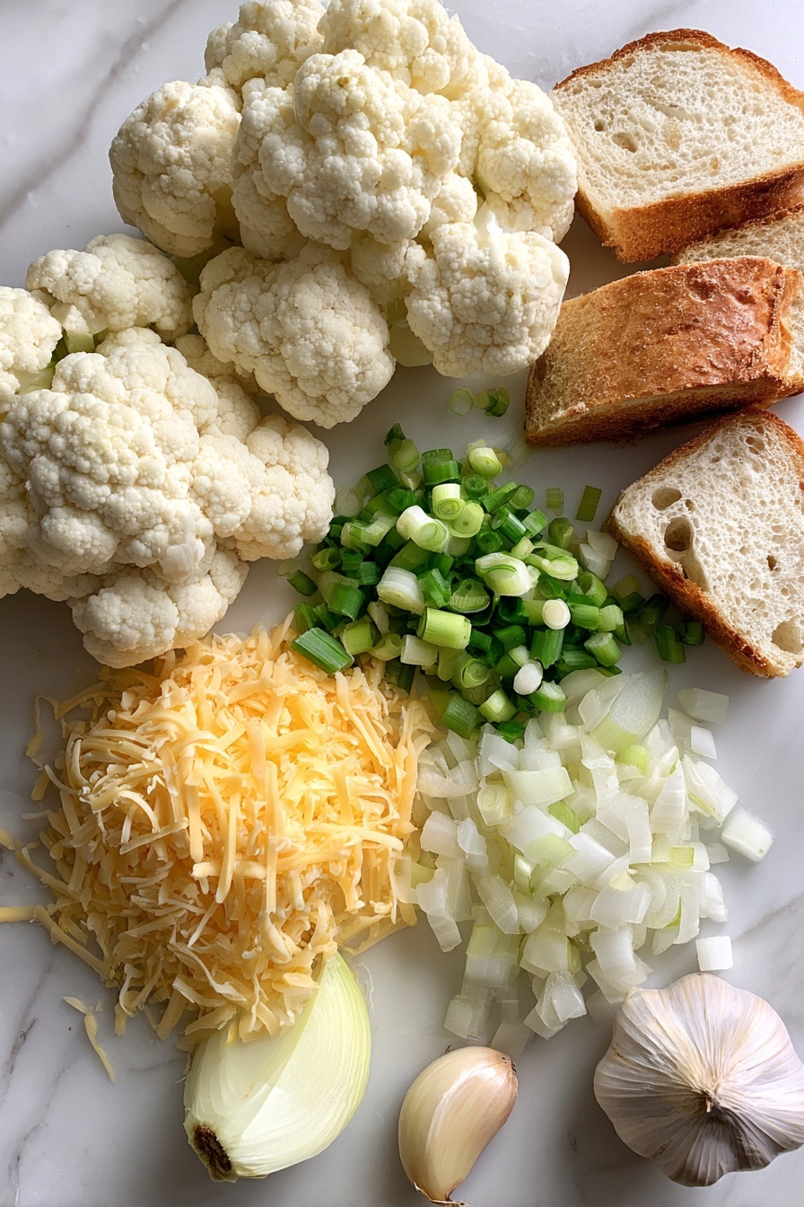 Flat lay of fresh cauliflower florets, a whole head of garlic with the top cut off exposing cloves, a diced yellow onion, a heaping pile of shredded sharp cheddar cheese, bright sliced green onions, and a few slices of crusty sourdough bread, all beautifully arranged on a white marble surface, photo taken with an iphone --ar 2:3 --v 7 - Roasted Garlic Cheddar Cauliflower Soup, roasted cauliflower soup, cheesy cauliflower soup, healthy cauliflower soup, easy cauliflower soup