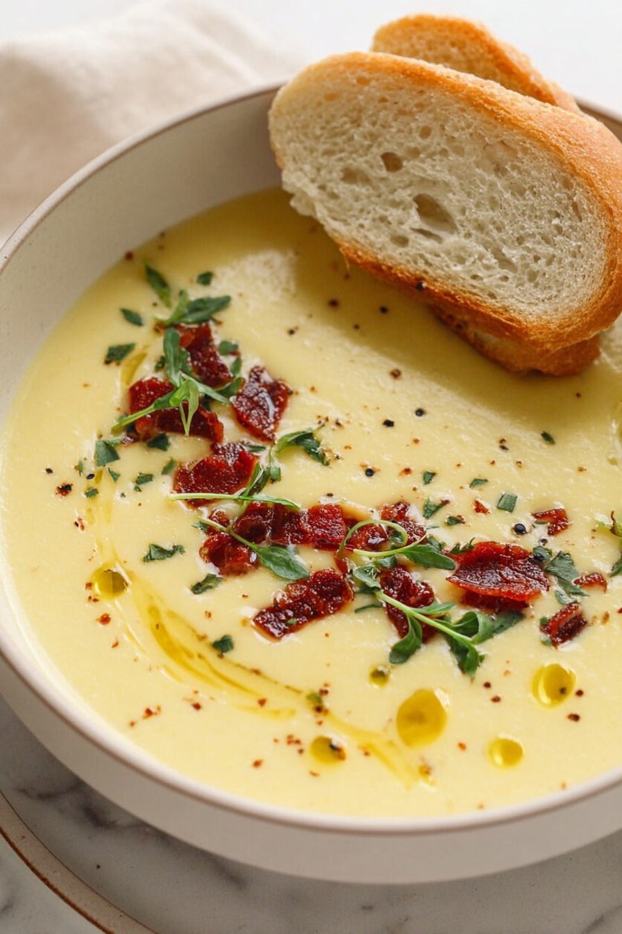 A bowl filled with creamy light beige soup, smooth in texture, with small black pepper specks throughout. On the surface, there are small pieces of crispy reddish-brown bacon scattered mainly on one side, bright green chopped herbs sprinkled mostly around the bacon, and light green dill sprigs. Several drops and a swirl of golden oil float on the top, adding shine and color contrast. The soup is served in a round white bowl with a thin speckled brown rim, placed on a white marbled surface, and a soft white cloth with garlic bulbs is in the background. photo taken with an iphone --ar 2:3 --v 7 - Easy Roasted Garlic Soup, roasted garlic soup, creamy garlic soup, comforting garlic potato soup, quick garlic soup recipe