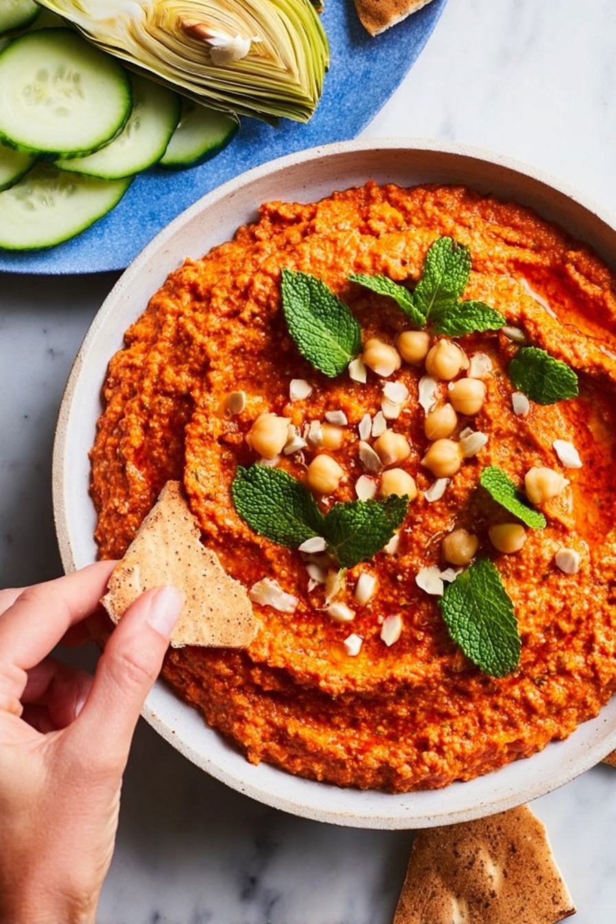 A white bowl filled with a thick, textured red dip that has small chunks and a slightly uneven surface, topped with whole chickpeas and fresh green mint leaves scattered across the top. A woman's hand is holding a piece of pita bread dipped into the edge of the bowl, the bread has a light brown, rough texture. To the upper right, there is a basket with pieces of pita bread lined with a blue and white cloth. Below the bowl, there is a plate with sliced green cucumbers and light yellow artichoke hearts. The background has a white marbled texture. Photo taken with an iphone --ar 2:3 --v 7 - Muhammara roasted red pepper and walnut spread with pomegranate molasses, Middle Eastern dips and spreads, easy Muhammara recipe, flavorful appetizer dip, healthy vegetarian spreads