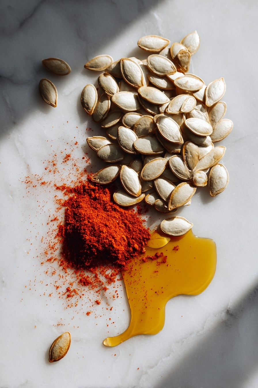 Flat lay of raw pumpkin seeds scattered beside a small pile of vibrant red chili powder and a small drizzle of golden extra-virgin olive oil artfully pooled next to them, all resting on a crisp white marble surface, photo taken with an iphone --ar 2:3 --v 7 - Roasted Spiced Pumpkin Seeds, pumpkin seeds snack, spiced pumpkin seeds, fall snack recipes, crunchy roasted seeds