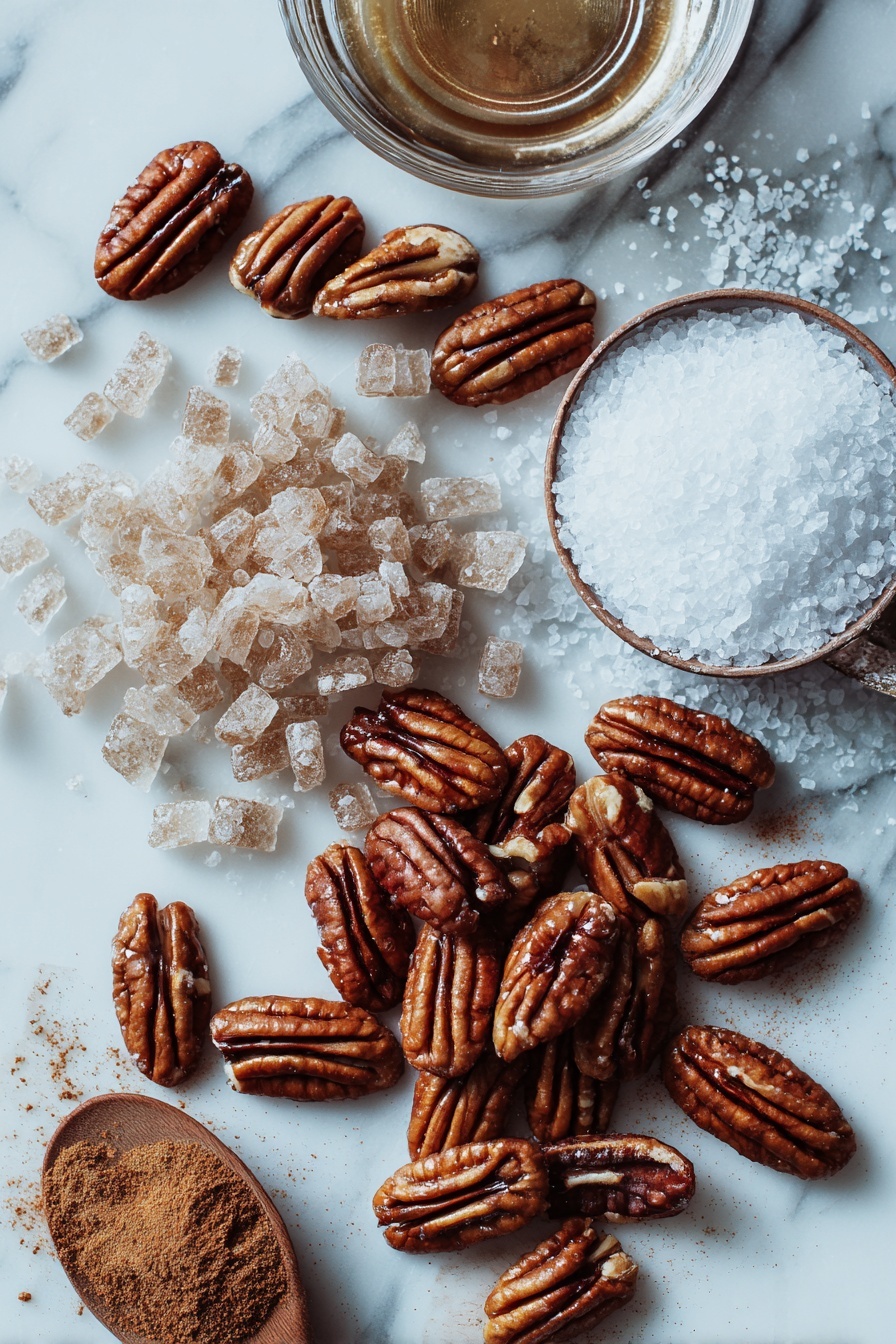 Flat lay of raw pecan halves, glossy brown sugar crystals, a small pool of clear water droplets, warm cinnamon powder, and coarse sea salt flakes, all beautifully arranged in neat clusters and gentle swirls, placed on a white marble surface, photo taken with an iphone --ar 2:3 --v 7 - Sweet and Spicy Candied Pecans, candied pecans recipe, spicy candied pecans, easy nut snack, homemade candied nuts