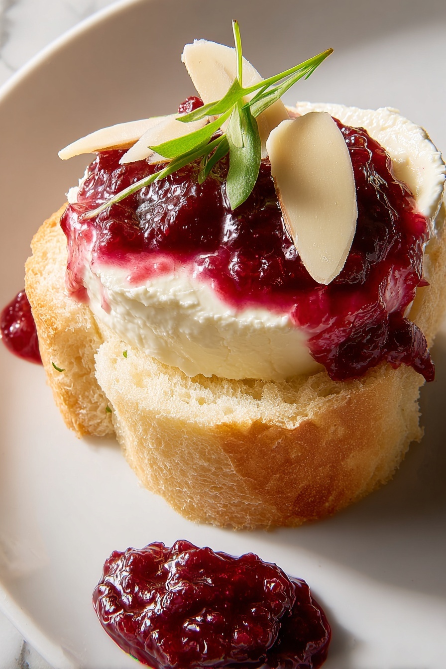 A single round toasted bread slice with a light golden brown color and airy texture forms the base. On top, there is a thick smooth layer of creamy white cheese, partly covered with a glossy deep red berry sauce that drips slightly over the edges. A thin almond slice and two small bright green leaves rest on top, adding fresh detail. A small dollop of the same red sauce appears nearby on the white plate, which sits on a white marbled surface. Photo taken with an iphone --ar 2:3 --v 7 - Cranberry Cream Cheese Spread, festive appetizer with cranberries and cream cheese, easy holiday cranberry spread, creamy cranberry dip, Cranberry Cream Cheese Spread recipe