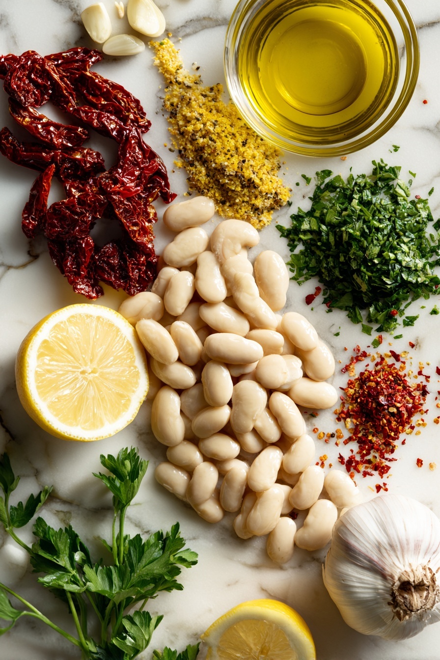 Flat lay of large pale beige gigante beans, bright green chopped fresh parsley, deep red sun-dried tomatoes glistening with olive oil, halved fresh lemons showing vibrant yellow juice, whole garlic cloves with papery skin, small pile of golden lemon zest, scattered red pepper flakes, and a drizzle of glossy extra-virgin olive oil, all beautifully arranged and spaced on a white marble surface, photo taken with an iphone --ar 2:3 --v 7 - Marinated Gigante Beans with Lemon, Sun-Dried Tomatoes, and Parsley, giant bean salad with lemon and sun-dried tomatoes, healthy gigantic bean recipes, lemon marinated beans, Mediterranean bean dish