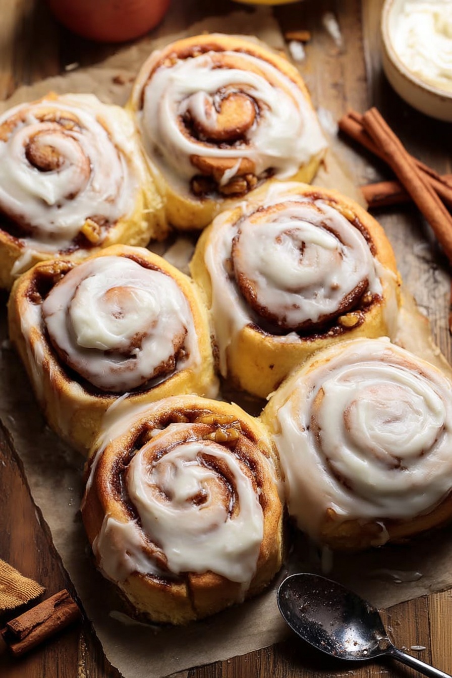 The image shows six cinnamon rolls arranged closely together on a rectangular sheet of parchment paper over a wooden surface. Each roll has a golden brown dough base with visible spiral layers filled with cinnamon and small bits of nuts, topped with a generous layer of smooth, white frosting that looks creamy but not thick. The rolls have a soft texture with variations in the spiral pattern and icing coverage. A spoon with a dark reflection lies on the right side on the wooden table, and there is a hint of a cinnamon stick and a small white container with white frosting in the background. The scene is warm, cozy, and inviting, with soft natural light highlighting the rolls' texture and glossiness. Photo taken with an iphone --ar 2:3 --v 7 - Apple Cinnamon Rolls with Brown Butter Maple Icing, fall-inspired cinnamon rolls, homemade apple cinnamon pastry, brown butter maple icing recipe, cozy weekend breakfast
