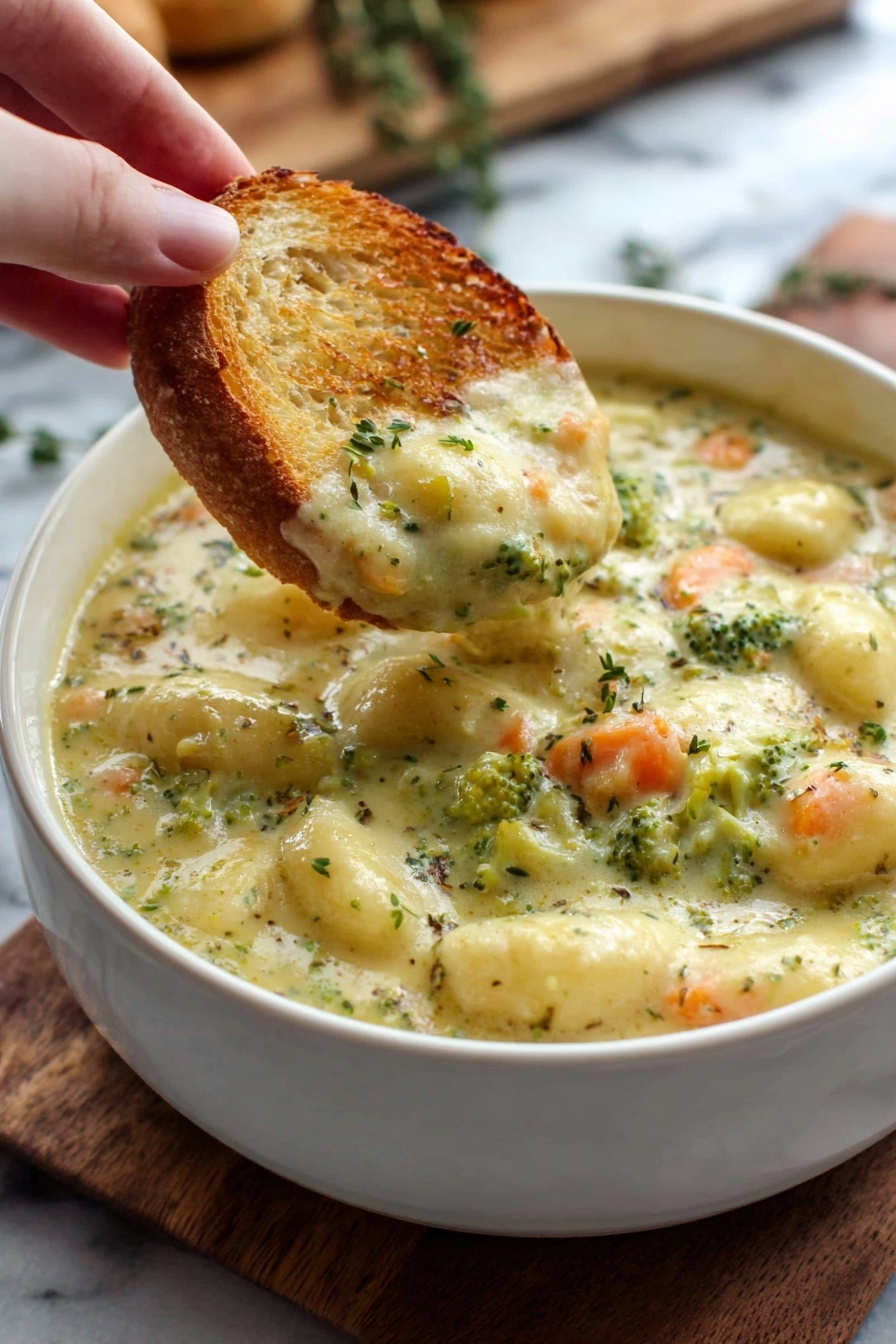 A white bowl filled with a creamy soup that has chunks of gnocchi and small pieces of broccoli and carrots mixed throughout. The soup is light yellowish-green with a thick and smooth texture, with visible bits of vegetables giving it a fresh and hearty look. A woman's hand holds a golden-brown toasted slice of bread dipped into the soup, covered with a creamy portion of the vegetable gnocchi mix. The background is a white marbled texture with a wooden cutting board and herbs slightly blurred behind. Photo taken with an iphone --ar 2:3 --v 7 - Broccoli Cheddar Gnocchi Soup, hearty broccoli cheddar soup, cheesy gnocchi soup, easy broccoli soup recipe, comforting cheese soup