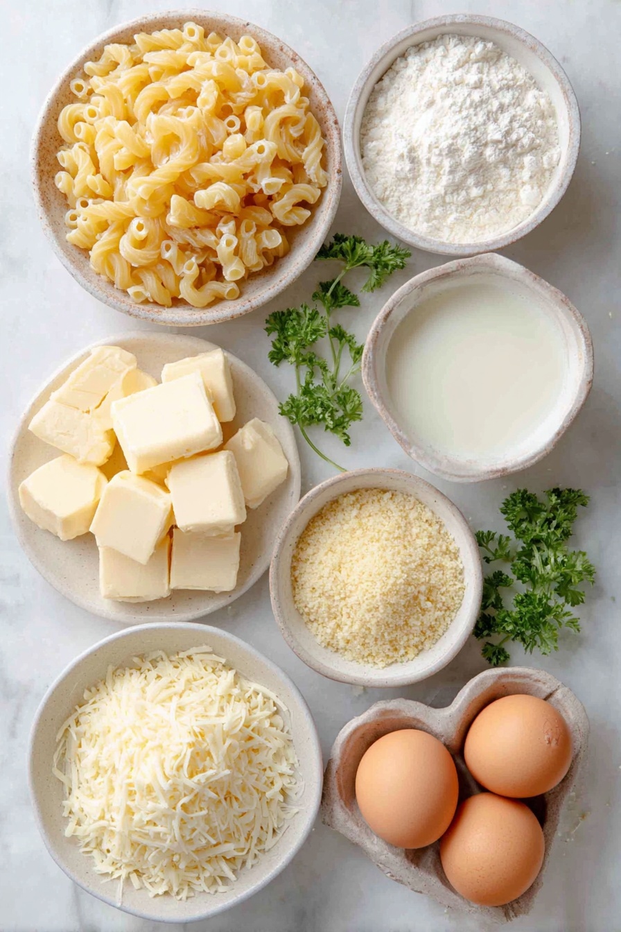 Flat lay of uncooked elbow macaroni pasta, a few cubes of unsalted butter, a small white ceramic bowl filled with fresh panko breadcrumbs, another small white ceramic bowl containing melted butter, a small white ceramic bowl with plain all-purpose flour, a small white ceramic bowl of warm milk, a small white ceramic bowl heaped with freshly shredded gruyere cheese, a small white ceramic bowl with shredded mozzarella cheese, two whole brown eggs with clean shells, and a few sprigs of fresh parsley, all arranged in perfect symmetry on a clean white marble surface, soft natural light, photo taken with an iPhone, professional food photography style, fresh ingredients, white ceramic bowls, no bottles, no duplicates, no utensils, no packaging --ar 2:3 --v 7 --p awthu7i m7354615311229779997 - Baked Mac and Cheese, cheesy baked pasta, creamy baked mac and cheese, crispy topping mac and cheese, homemade baked mac and cheese