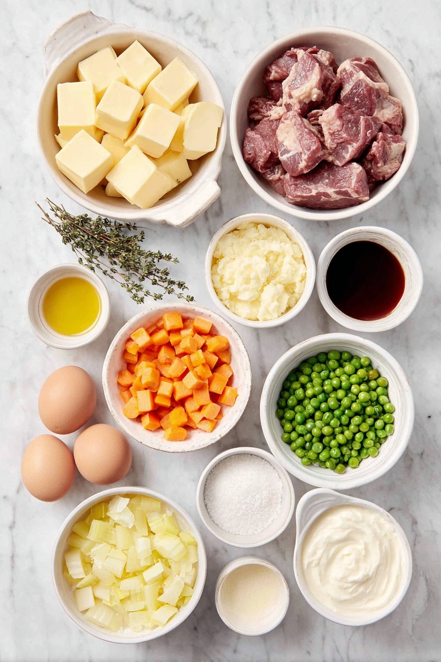 Flat lay of peeled russet potatoes cut into chunks, a few whole brown eggs with clean shells, a small white bowl of cubed unsalted butter, a small white bowl of bright orange diced carrots, a small white bowl of diced yellow onion, a small white bowl of diced celery ribs, two cloves of fresh garlic, a small white bowl of tomato paste, a small white bowl of dry red wine, two fresh thyme sprigs, one fresh bay leaf, a small white bowl of golden vegetable oil, a small white bowl of low-sodium chicken stock, a small white bowl of Worcestershire sauce, a small white bowl of fine all-purpose flour, a small white bowl of bright green frozen peas, a small white bowl of heavy cream, and a small white bowl of grated Parmigiano-Reggiano cheese all arranged with perfect symmetry, placed on a clean white marble surface, soft natural light, photo taken with an iPhone, professional food photography style, fresh ingredients, white ceramic bowls, no bottles, no duplicates, no utensils, no packaging --ar 2:3 --v 7 --p awthu7i m7354615311229779997 - Classic Shepherd's Pie with Beef or Lamb, Shepherd's Pie Recipe, Hearty Shepherd's Pie, Easy Shepherd's Pie, Comfort Food Shepherd's Pie