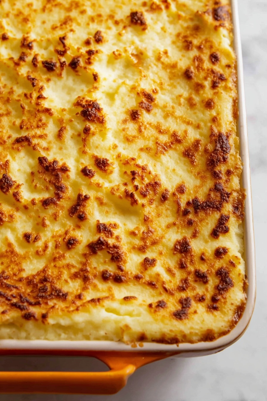 A close-up view of a baked dish in a white casserole with an orange handle, showing a top layer of golden brown mashed potatoes with a crispy and slightly browned texture, covering the entire surface evenly. The mashed potato layer has a rough, bubbled appearance with spots of deeper browning scattered across the smooth, creamy surface, suggesting it was baked to a crunchy finish. The casserole sits on a white marbled surface. photo taken with an iphone --ar 2:3 --v 7 - Classic Shepherd's Pie with Beef or Lamb, Shepherd's Pie Recipe, Hearty Shepherd's Pie, Easy Shepherd's Pie, Comfort Food Shepherd's Pie
