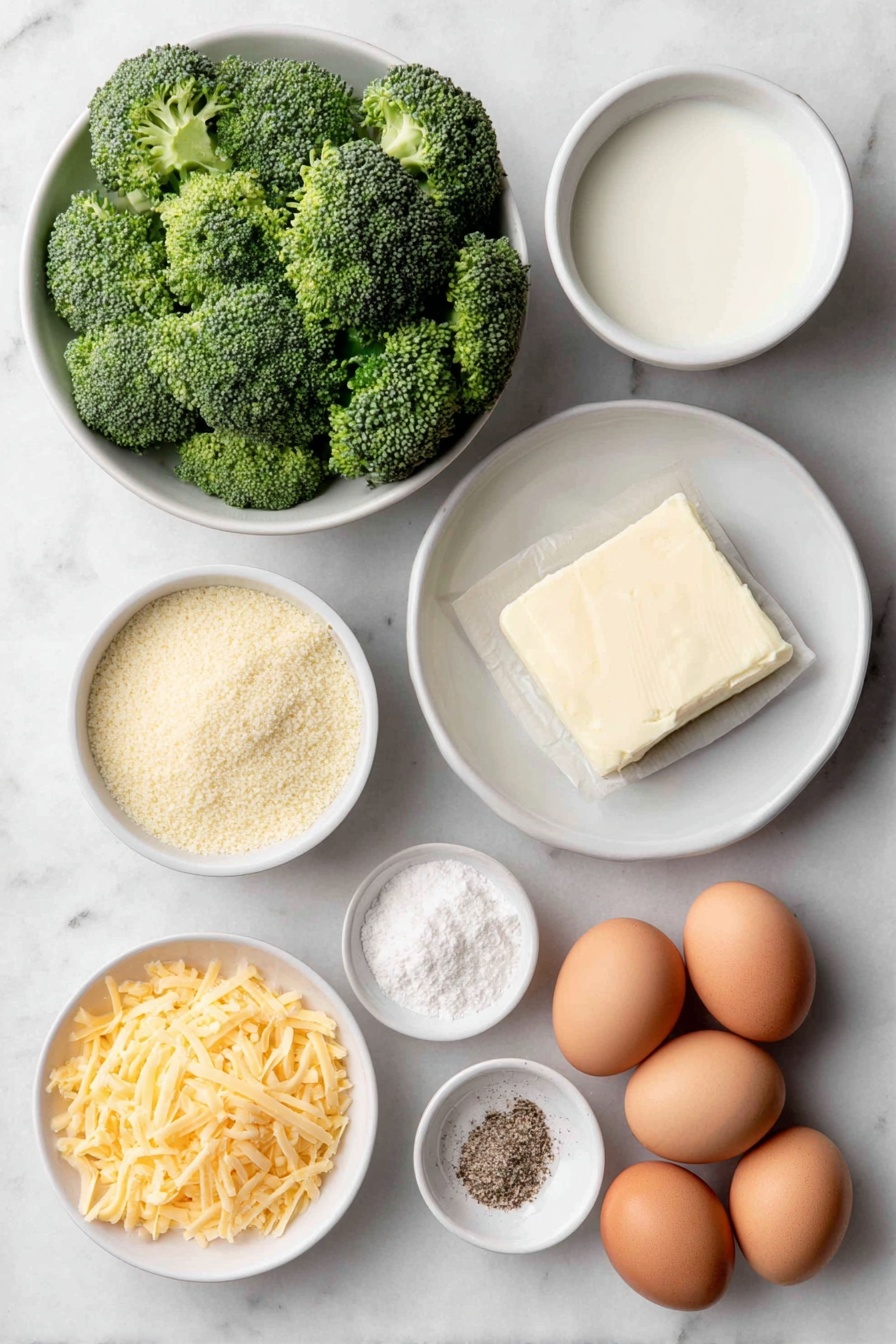 Flat lay of fresh broccoli florets and sliced broccoli stems arranged neatly, a small mound of golden toasted panko breadcrumbs in a simple white ceramic bowl, a few tablespoons of smooth unsalted butter softened in another white bowl, a small white bowl filled with whole milk, a pile of bright orange shredded sharp cheddar cheese on a white plate, a few whole brown eggs with clean shells scattered beside a small white bowl of all-purpose flour, and a small white bowl containing coarse kosher or sea salt and freshly ground black pepper, all placed on a clean white marble surface, soft natural light, photo taken with an iPhone, professional food photography style, fresh ingredients, white ceramic bowls, no bottles, no duplicates, no utensils, no packaging --ar 2:3 --v 7 --p awthu7i m7354615311229779997 - Broccoli Cheese Casserole, cheesy broccoli bake, creamy broccoli casserole, easy vegetable side dish, holiday broccoli casserole