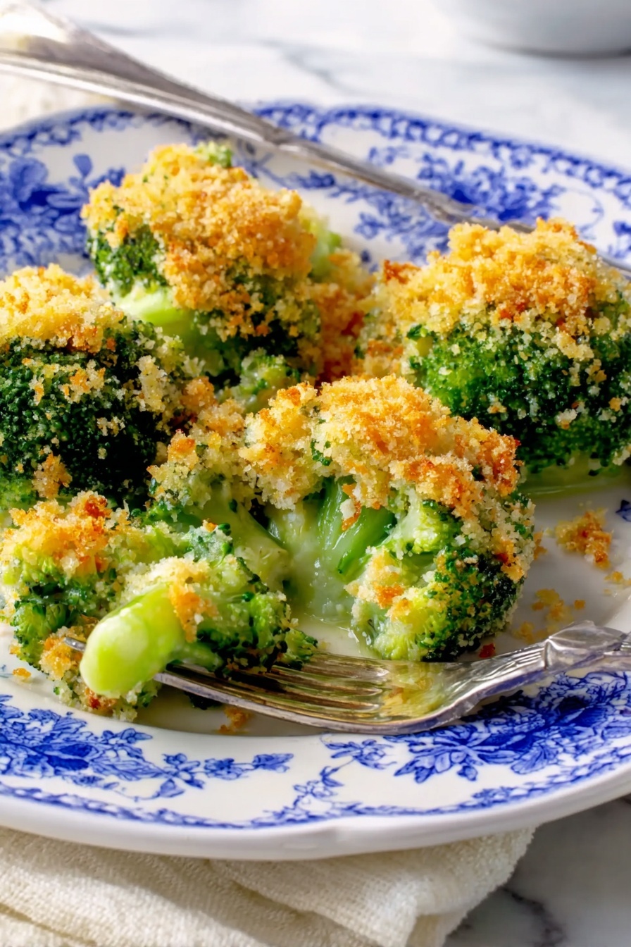 A white plate with blue flower patterns holds four pieces of broccoli topped with golden brown crumbly crumbs. The broccoli is bright green with stems showing under the crisp crumbs. One piece is partly pulled away on a silver fork, showing the soft light green inside and the crunchy topping. The plate sits on a white marbled textured surface with a white napkin beside it. Photo taken with an iphone --ar 2:3 --v 7 - Broccoli Cheese Casserole, cheesy broccoli bake, creamy broccoli casserole, easy vegetable side dish, holiday broccoli casserole
