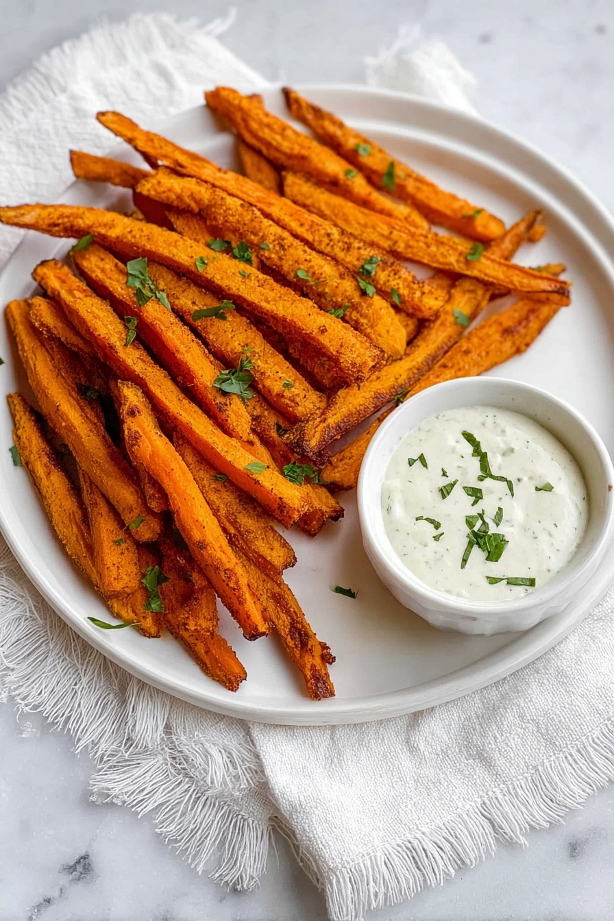 The image shows a white round plate filled with two layers of crispy orange sweet potato fries, stacked in a slightly scattered but neat arrangement, with some fresh green herb leaves sprinkled on top. On one side of the plate, there is a white bowl with creamy white dipping sauce, garnished with a few small green herbs. The plate sits on a white cloth with fringed edges, all placed on a white marbled surface. photo taken with an iphone --ar 2:3 --v 7 - Baked Butternut Squash Fries, healthy squash fries, crispy baked squash recipe, guilt-free snack ideas, easy vegetable side dish