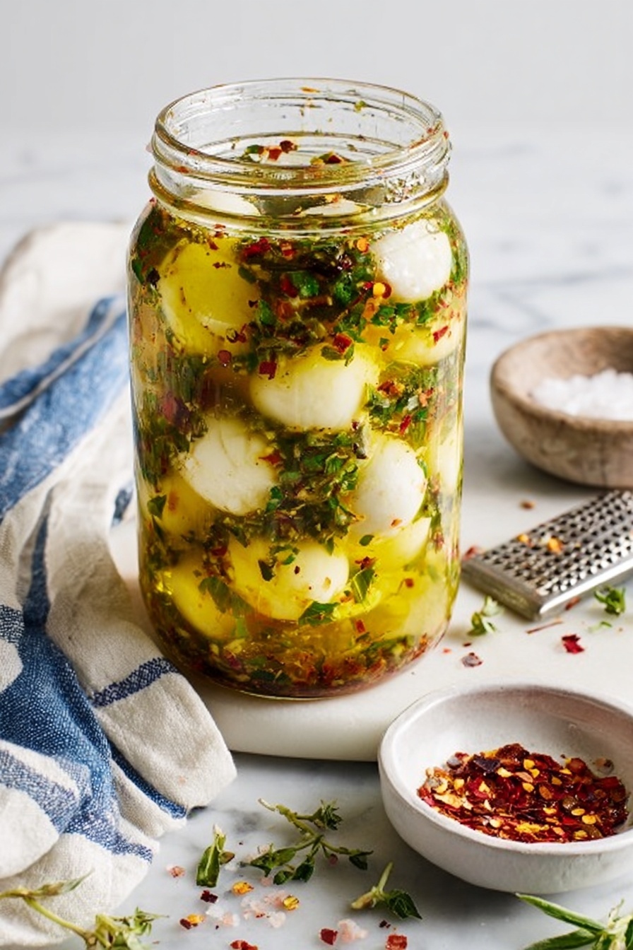 A clear glass jar filled with small white balls, likely cheese, soaked in a yellowish olive oil mixed with finely chopped green herbs and red chili flakes. The jar shows layers of the cheese balls immersed evenly in the oil and herbs, with some herbs and chili pieces floating near the top. The jar is placed on a white marbled surface, accompanied by a white cloth with blue stripes, a small white bowl of coarse salt, a white bowl with red chili flakes, a silver fork, a small metal grater, and some green herb sprigs scattered around. Photo taken with an iphone --ar 2:3 --v 7 - Marinated Mozzarella Balls, Marinated Mozzarella, Cheese Appetizer, Fresh Herb Mozzarella, Easy Party Snacks