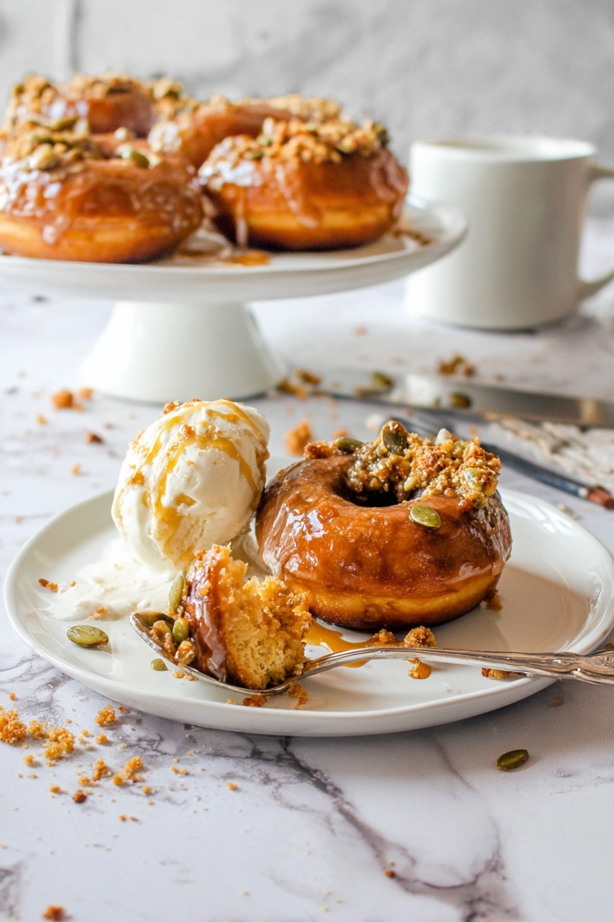 The image shows one brown donut with a shiny glaze, topped with some pumpkin seeds and crumb bits, placed on the right side of a white plate; to its left is a scoop of white ice cream melting slightly with amber syrup drizzled over it, and a spoon in front holds a bite of the donut covered in a mix of ice cream and syrup; in the background there is a white round cake stand holding more donuts with the same toppings, all set on a white marbled surface with scattered syrup drops and crumbs, a silver spoon, and a white mug visible; photo taken with an iphone --ar 2:3 --v 7 - Pumpkin Donuts with Bourbon Caramel Glaze, fall pumpkin donuts, bourbon caramel glaze recipe, cozy autumn desserts, easy pumpkin donut recipe