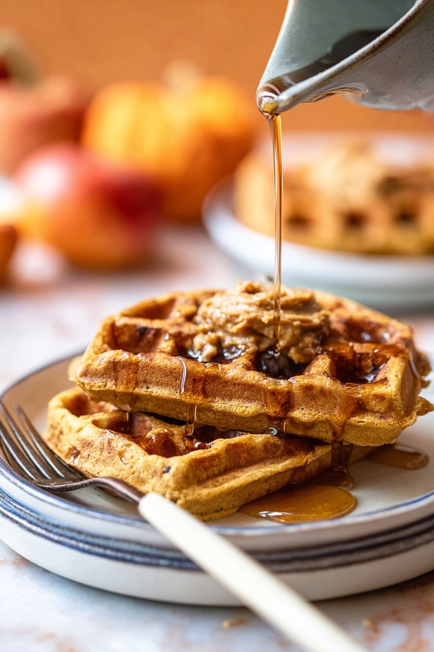 A white plate holds a round golden waffle cut into three large pieces. On top of the waffle, there is a thick layer of brown nut butter with small chunks of nuts spread evenly in the center. The waffle's deep square pockets hold a dark syrup, filling some squares with a shiny texture. A gold fork is stuck into a small bite-sized piece of the waffle near the right edge of the plate. The plate is placed on a white marbled surface, with a blue cloth near the bottom left corner and a red apple and orange pumpkin softly blurred in the background. Photo taken with an iphone --ar 2:3 --v 7 - Pumpkin Waffles with Pumpkin Pie Spice, pumpkin waffles, fall breakfast ideas, pumpkin spice waffles, cozy breakfast recipes