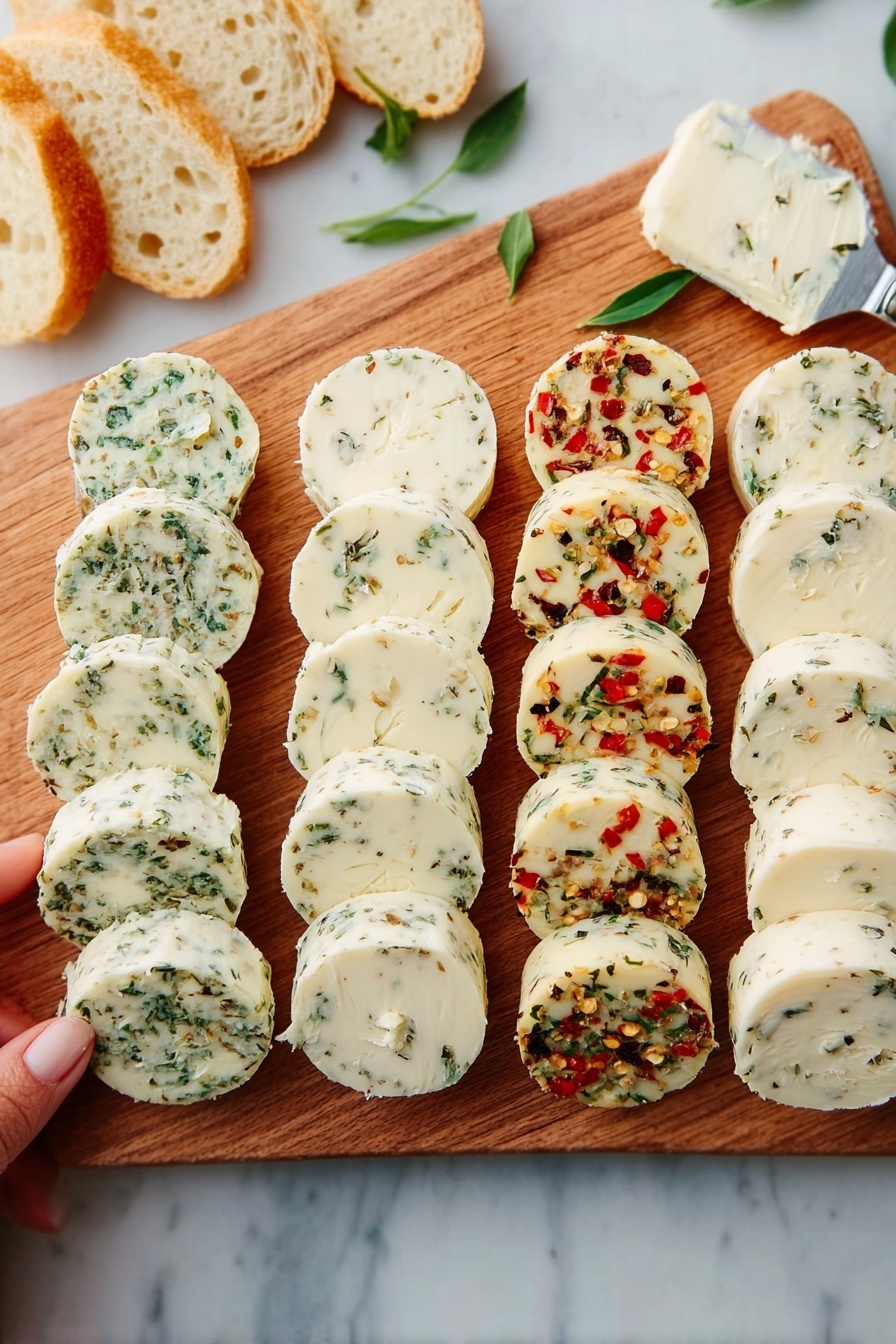 The image shows four rows of round, white butter slices with different herbs and spices mixed in, arranged neatly on a wooden board. Each row has about eight slices stacked closely in a straight line. The butter in the first and second rows have green herbs, the third row has red chili flakes and herbs, and the fourth row has darker seeds or spices mixed in. Around the board, there are pieces of sliced white bread and a white knife with butter on its tip, resting on the white marbled surface. A woman's hand is holding one side of the board. photo taken with an iphone --ar 2:3 --v 7 - Herb Compound Butter, herb butter recipe, how to make herb butter, flavored butter for steaks, easy herb butter