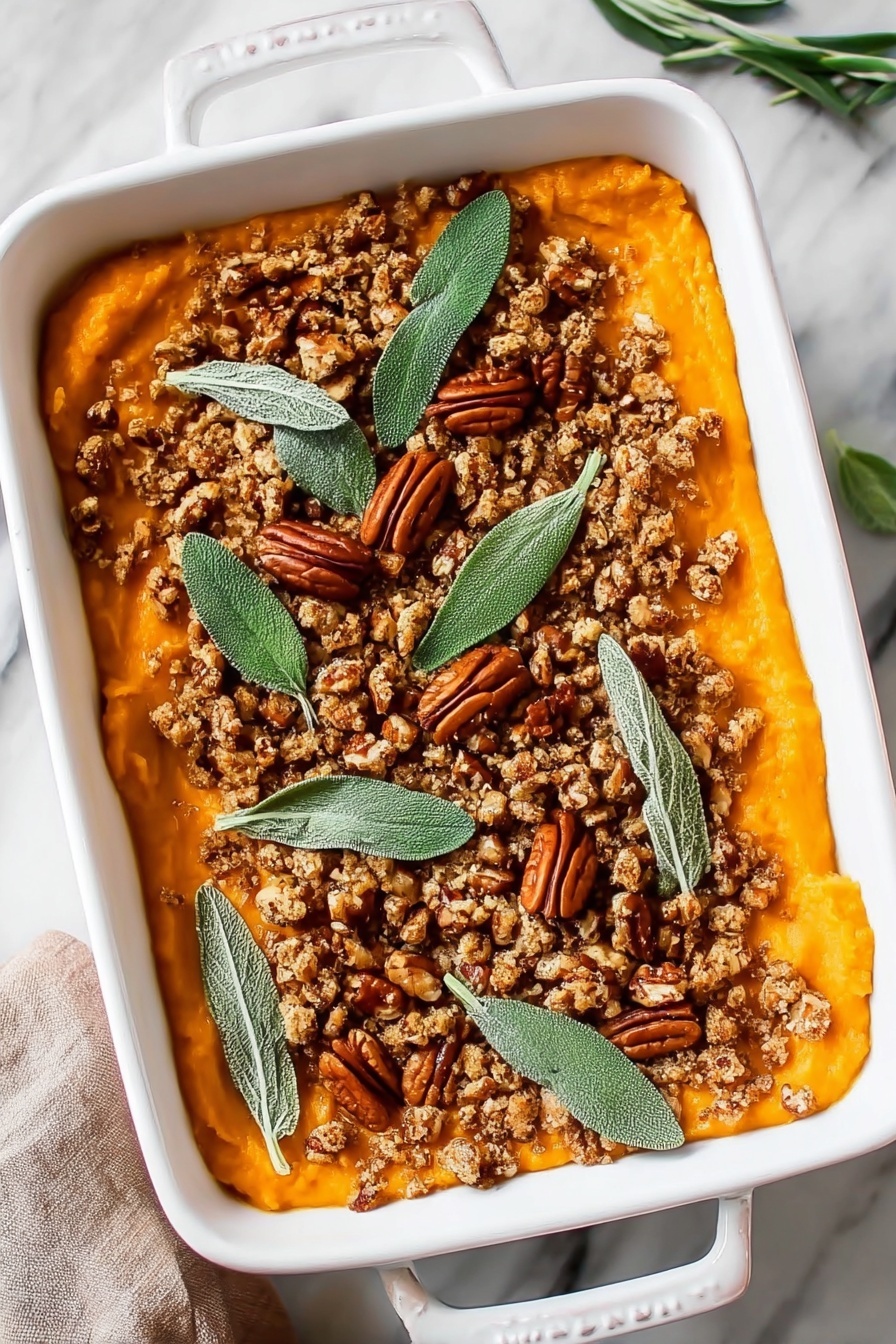 A white rectangular dish holds a layered pumpkin-colored puree spread evenly at the bottom. On top of this smooth orange layer is a textured crumb layer made of crushed walnuts and pecans, giving a crunchy appearance. Scattered on the crumb layer are whole pecans, which are darker brown and ridged. Fresh green sage leaves are arranged decoratively over the nuts, adding a bright contrast. The dish sits on a white marbled surface, and part of a woman's hand is seen at the bottom left corner, holding the dish. Photo taken with an iphone --ar 2:3 --v 7 - Sweet Potato Casserole with Nutty Crumble, comforting sweet potato casserole, holiday sweet potato side dish, easy sweet potato casserole recipe, nutty crumble topping dessert