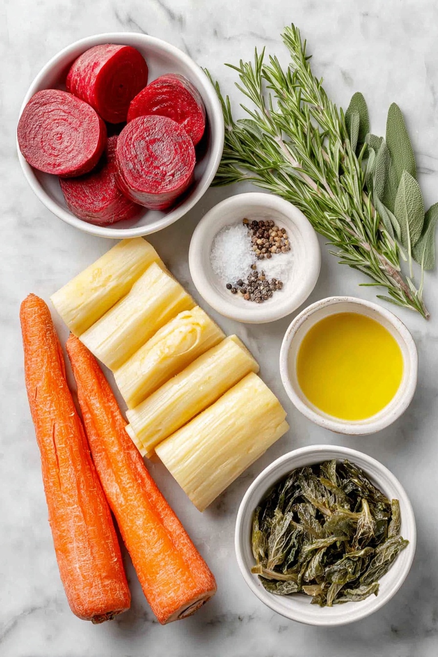 Flat lay of peeled red beet cut into 1-inch chunks, golden beet cut into 1-inch chunks, a large carrot sliced into 1-inch roll cuts, three parsnips chopped into 1-inch chunks, one medium sweet potato chopped into 1-inch chunks, one turnip chopped into 1-inch chunks, a few fresh rosemary sprigs, several fresh sage leaves, a small handful of fresh thyme leaves, a few pinches of sea salt crystals, freshly ground black peppercorns, a small white ceramic bowl with extra-virgin olive oil, a small white ceramic bowl with crispy fried sage leaves all arranged symmetrically and balanced on a clean white marble surface, soft natural light, photo taken with an iPhone, professional food photography style, fresh ingredients, white ceramic bowls, no bottles, no duplicates, no utensils, no packaging --ar 2:3 --v 7 --p awthu7i m7354615311229779997 - Roasted Root Vegetables with Crispy Sage, roasted root vegetables, crispy sage side dish, easy roasted root vegetables, cozy vegetable side