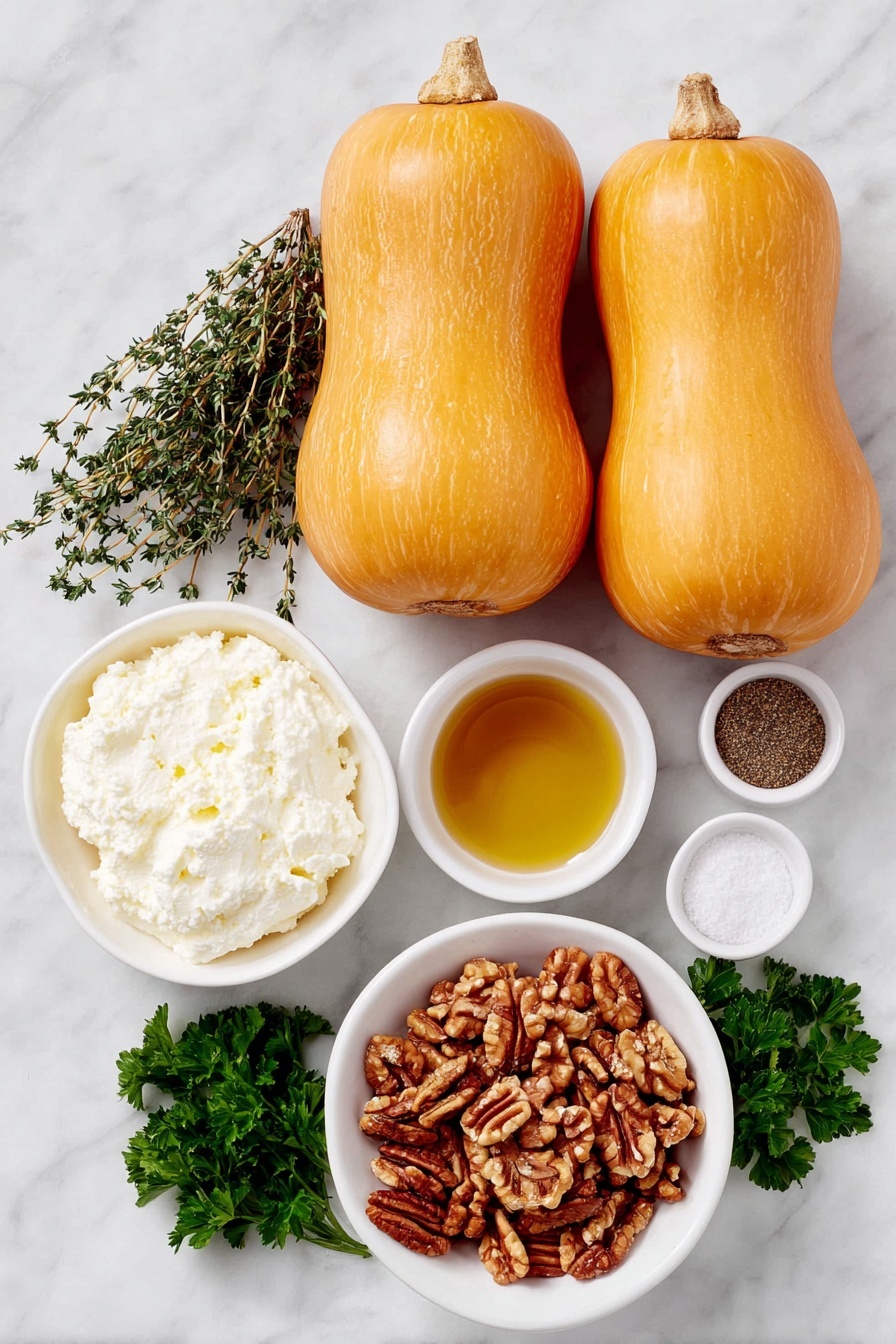 Flat lay of three whole uncut honeynut squash with smooth orange skin and greenish stems, a small white bowl filled with golden extra-virgin olive oil, a small white bowl holding amber-colored apple cider vinegar, a small white bowl containing rich amber maple syrup, a small white bowl of coarse sea salt crystals, a small white bowl with ground cinnamon powder, a small white bowl of freshly ground black pepper, fresh thyme sprigs with small green leaves neatly arranged, a small white bowl of creamy whipped ricotta cheese, a small white bowl with chopped toasted walnuts showing golden brown pieces, and a few sprigs of fresh flat-leaf parsley with vibrant green leaves, all symmetrically arranged on a clean white marble surface, soft natural light, photo taken with an iPhone, professional food photography style, fresh ingredients, white ceramic bowls, no bottles, no duplicates, no utensils, no packaging --ar 2:3 --v 7 --p awthu7i m7354615311229779997 - Roasted Honeynut Squash with Whipped Ricotta, Honeynut Squash recipes, Fall vegetable dishes, Easy holiday starter, Cozy autumn recipes
