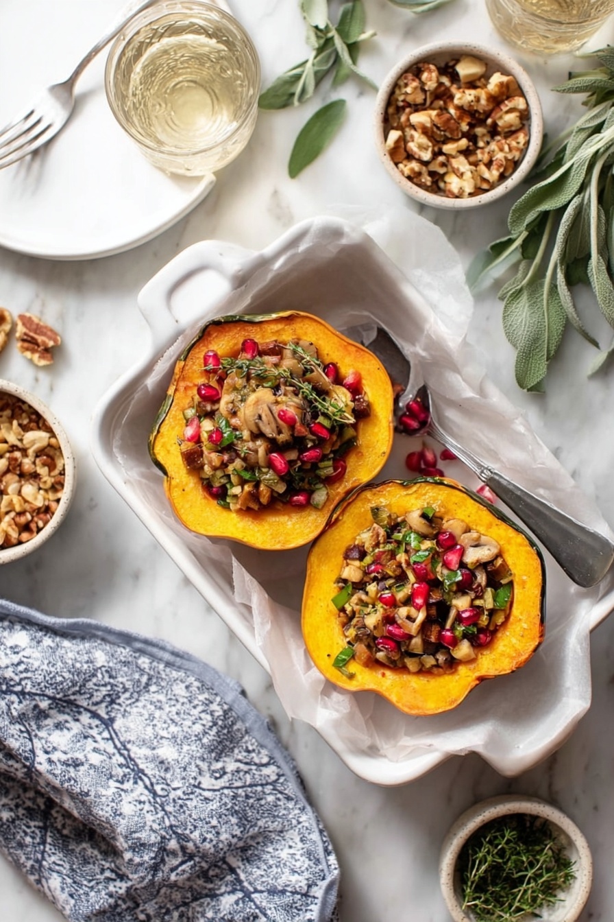 Two halves of a small pumpkin sit in a white rectangular dish lined with white parchment paper; the pumpkin flesh is bright orange with a slightly rough texture, and each half is filled with a mixture of small chunks of mushrooms, nuts, herbs, and red pomegranate seeds, adding a mix of earthy browns, green, and bright red on top. Around the dish, there is a white marbled surface with a loose blue and white cloth, a white plate with a fork, a bowl of chopped nuts and dried fruit, some fresh sage leaves, a small dish of green herbs, and a glass of clear liquid. The scene is lit softly with natural light, creating a fresh and inviting look. photo taken with an iphone --ar 2:3 --v 7 - Stuffed Acorn Squash with Tempeh, plant-based stuffed acorn squash, healthy vegetarian acorn squash recipes, cozy fall acorn squash meal, vegan stuffed squash recipes