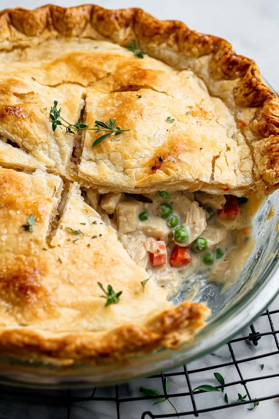 A close-up of a slice of chicken and vegetable pie on a white plate, showing three layers: the top layer is a golden brown crust with a slightly crimped edge and a small sprig of herb on top, the middle layer is a creamy filling with tender chunks of white chicken, bright orange carrots, and green peas, and the bottom layer is another golden brown crust holding the filling. The slice is placed on two stacked white plates, with a whole pie blurred in the background on a white marbled surface. photo taken with an iphone --ar 2:3 --v 7 - Homemade Chicken Pot Pie, chicken pot pie from scratch, easy chicken pot pie, comforting chicken pot pie recipe, flaky chicken pie