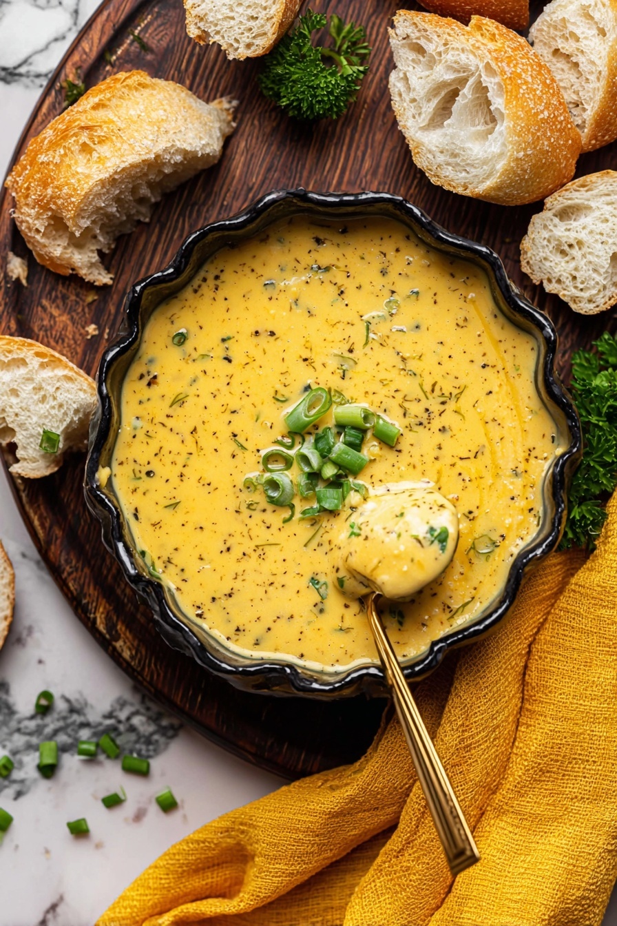 A black scalloped bowl filled with thick, creamy yellow soup speckled with black herbs fills most of the frame, topped with chopped green onions placed in the center. A gold spoon rests inside the bowl, scooping up some of the soup. Around the bowl are pieces of crusty bread with a light brown crust and soft, airy inside. There are small sprigs of green parsley and scattered green onion pieces on a dark wood surface. A soft yellow cloth is placed under the bowl and around the bread pieces. The background is changed to a white marbled texture. Photo taken with an iphone --ar 2:3 --v 7 - Cheddar Garlic Herb Potato Soup, creamy potato soup, cheesy potato soup, garlic herb soup, comforting potato recipes