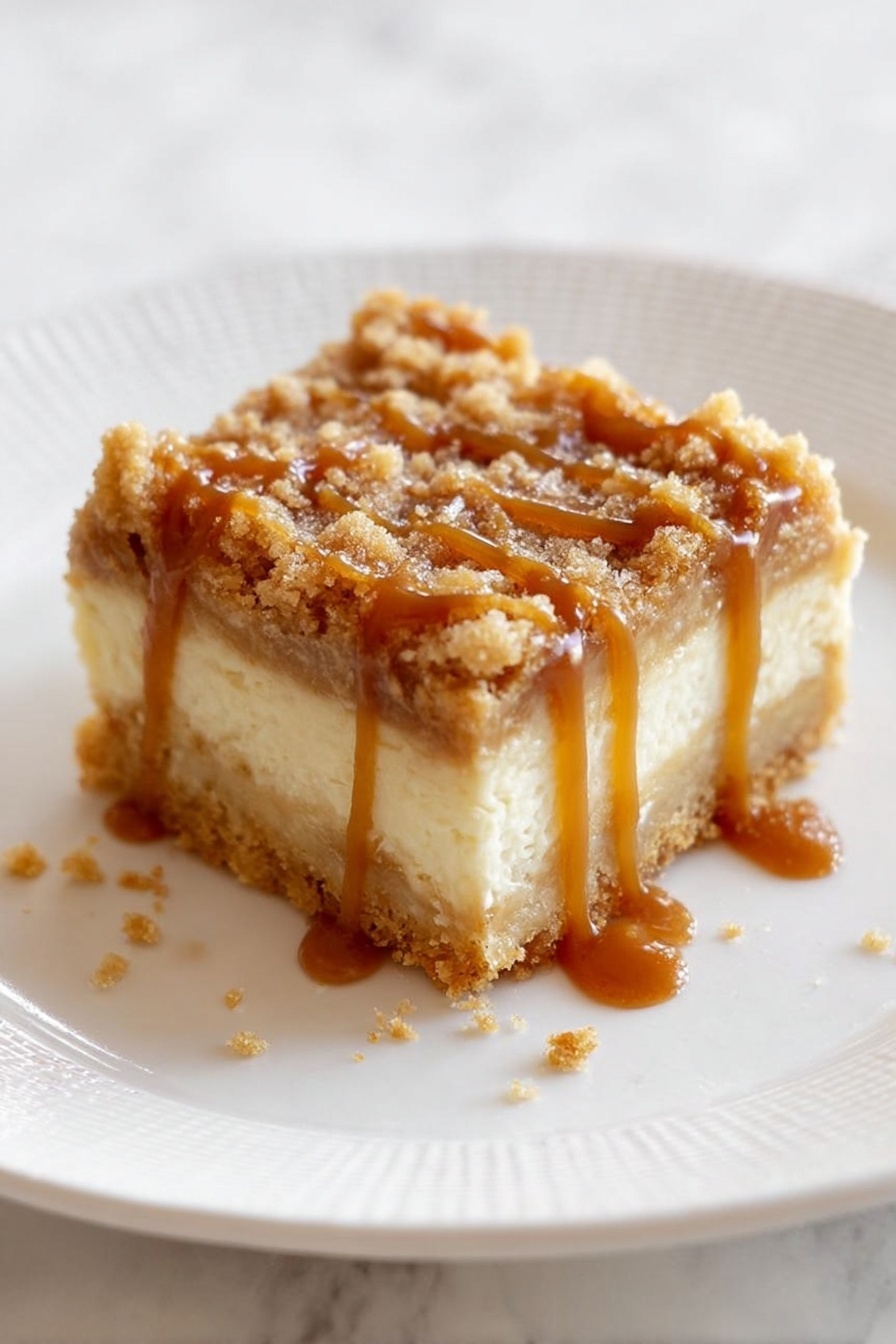 A square shaped dessert bar with three clear layers sits on a white plate with a textured rim on a white marbled surface. The bottom layer is a dense, light golden crust. The middle layer is thick, creamy, and pale beige in color. The top layer is a crumbly, golden-brown streusel with small crumbs scattered on the plate. The bar is generously drizzled with rich, shiny caramel sauce that flows down the sides. Photo taken with an iphone --ar 2:3 --v 7 - Caramel Apple Cheesecake Bars, apple cheesecake bars, fall desserts, caramel apple dessert, easy cheesecake bar recipes