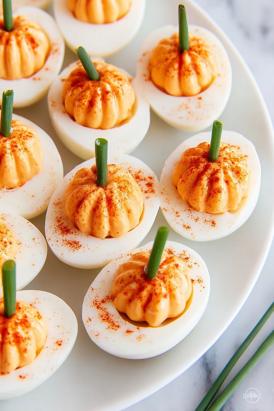 A white round plate holds twelve deviled eggs arranged in a circular pattern on a white marbled surface. Each egg is cut in half with the white egg white forming the base and a smooth, light orange filling piped inside in a ridged pumpkin shape. Each filling has a small green piece of chive placed vertically to look like a pumpkin stem. Some of the fillings are sprinkled with a small amount of red paprika powder. Above the plate, there is a small clear bowl filled with bright red paprika powder and a bunch of fresh green chives tied with a white string placed on the white marbled surface. photo taken with an iphone --ar 2:3 --v 7 - Pumpkin Deviled Eggs, fall appetizers, festive deviled eggs, easy pumpkin snacks, Halloween party appetizers