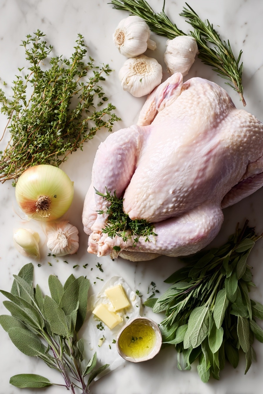 Flat lay of a whole raw turkey with pale pink skin and plump texture, surrounded by fresh garlic heads halved to reveal smooth white cloves, a halved onion with rich brown and yellow outer layers and crisp white flesh inside, small bunches of vibrant green mixed herbs including sage, rosemary, thyme, and parsley with delicate leaves, sprigs of finely chopped sage and rosemary displaying their textured, needle-like leaves, and a small mound of creamy, pale yellow melted butter glistening softly, all arranged naturally with some herbs sprinkled around to add freshness, placed on white marbled surface, photo taken with an iphone --ar 2:3 --v 7 - Juicy Roast Turkey, perfect roast turkey, moist turkey recipe, holiday turkey tips, tender roast turkey