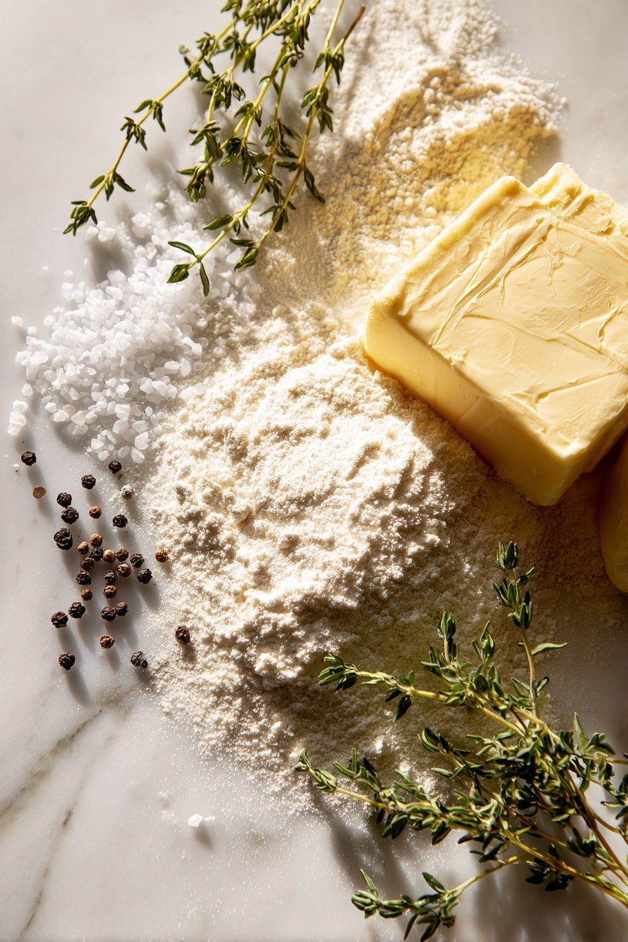 Flat lay of rich golden turkey drippings shimmering with a glossy surface, a chunk of creamy pale yellow salted butter, a small pile of fine white all-purpose flour with soft powdery texture, coarse black peppercorns scattered naturally, crystalline white sea salt flakes, and fresh sprigs of vibrant green thyme arranged loosely to add a touch of color, all beautifully spaced with soft natural shadows, placed on white marbled surface, photo taken with an iphone --ar 2:3 --v 7 - Easy Turkey Gravy From Drippings, turkey gravy recipe from drippings, homemade turkey gravy, simple turkey gravy, flavorful turkey gravy