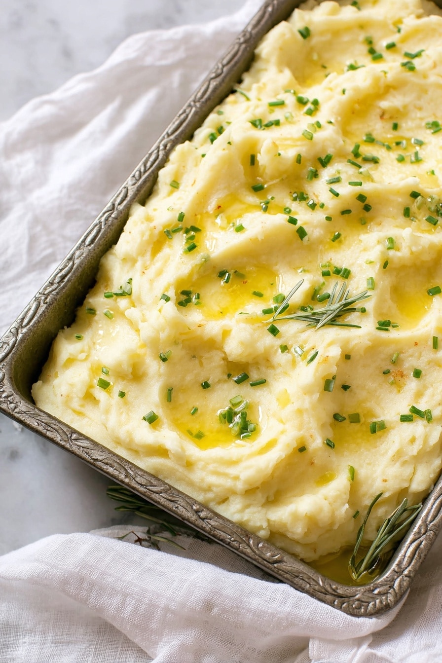 A close-up image of a single layer of creamy mashed potatoes in a textured rectangular metal baking tray, the potatoes are light yellow with a smooth and fluffy texture, topped with small green chives scattered across and drizzled with melted butter adding a shiny finish, the tray is placed on a white fabric, and the background shows a soft-focus white marbled surface photo taken with an iphone --ar 2:3 --v 7 - Creamy Garlic Mashed Potatoes, garlic mashed potatoes, creamy mashed potatoes, best garlic mashed potatoes, easy mashed potato recipe