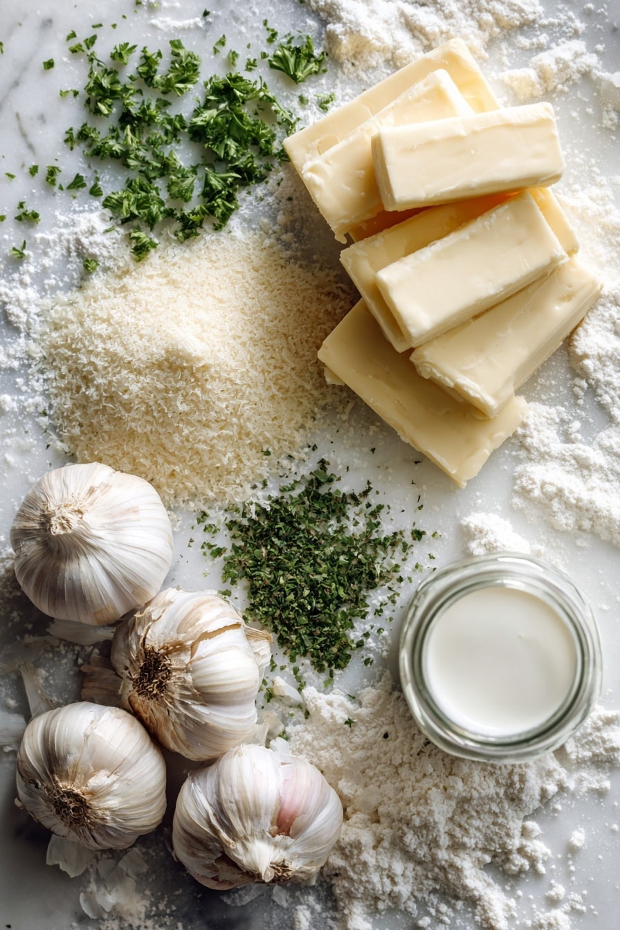 Flat lay of fresh whole garlic cloves with their papery white skins, a small stack of creamy pale yellow salted butter sticks, a scattering of dried bright green parsley flakes in a small pile, coarse granulated white sugar crystals sparkling gently, and smooth white buttermilk in a clear glass jar showing its creamy texture, all beautifully arranged with loose grains of all-purpose flour dusted softly around, placed on white marbled surface, photo taken with an iphone --ar 2:3 --v 7 - Garlic Butter Swim Biscuits, garlic butter biscuits, buttery garlic baked biscuits, cheesy garlic biscuits, easy biscuit recipes