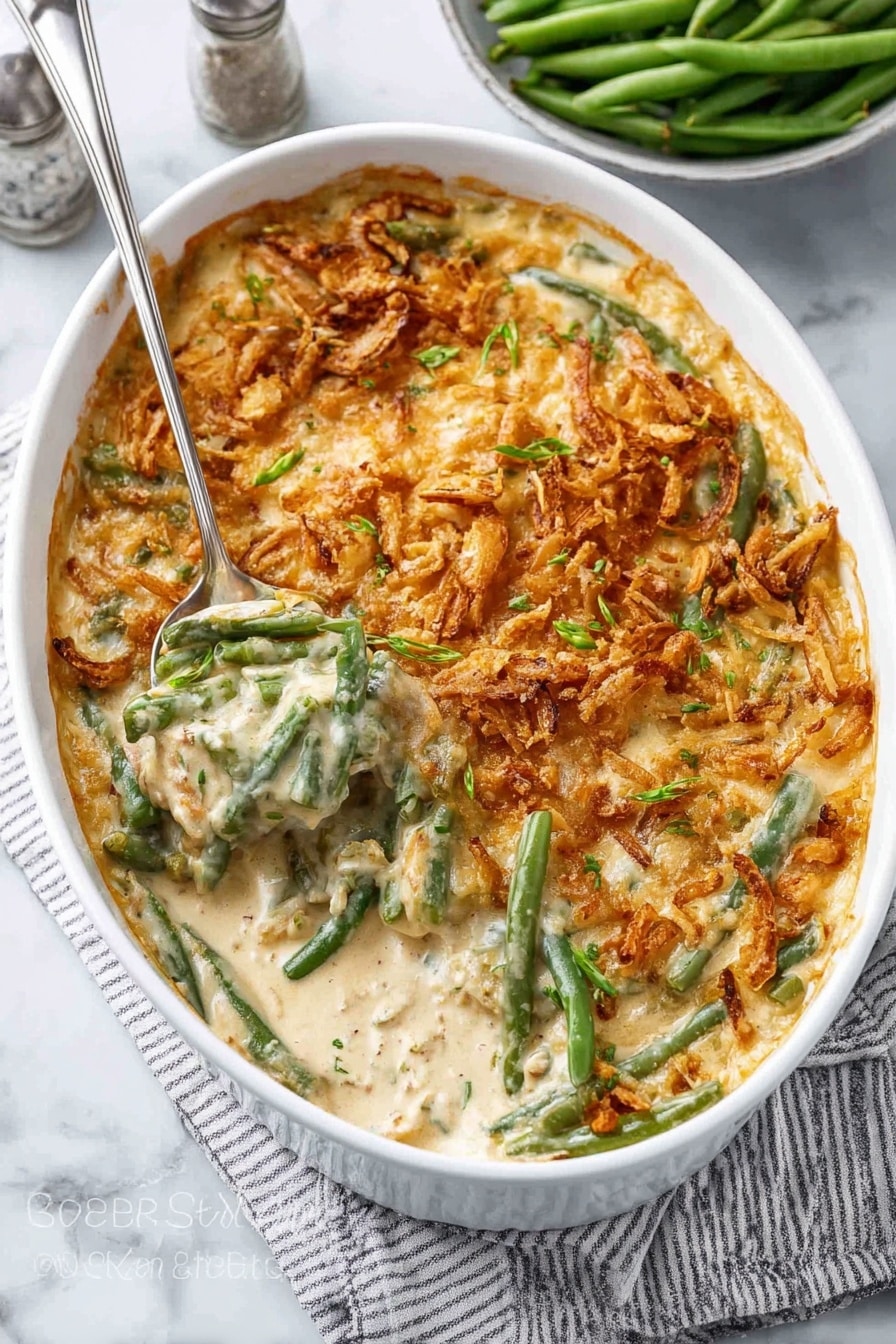A white round baking dish filled with a creamy green bean casserole. The dish has three visible layers: the base is made of soft green beans mixed in a creamy, off-white sauce, the middle layer includes more green beans creating a textured look, and the top layer is a golden brown crust of crispy fried onions spread evenly. A silver spoon scoops some casserole out from one side, revealing the creamy inside and steam rising slightly. The dish sits on a white marbled surface with a striped cloth underneath on one side. photo taken with an iphone --ar 2:3 --v 7 - Green Bean Casserole, classic green bean side dish, holiday green bean casserole, easy green bean casserole recipe, crispy onion green beans